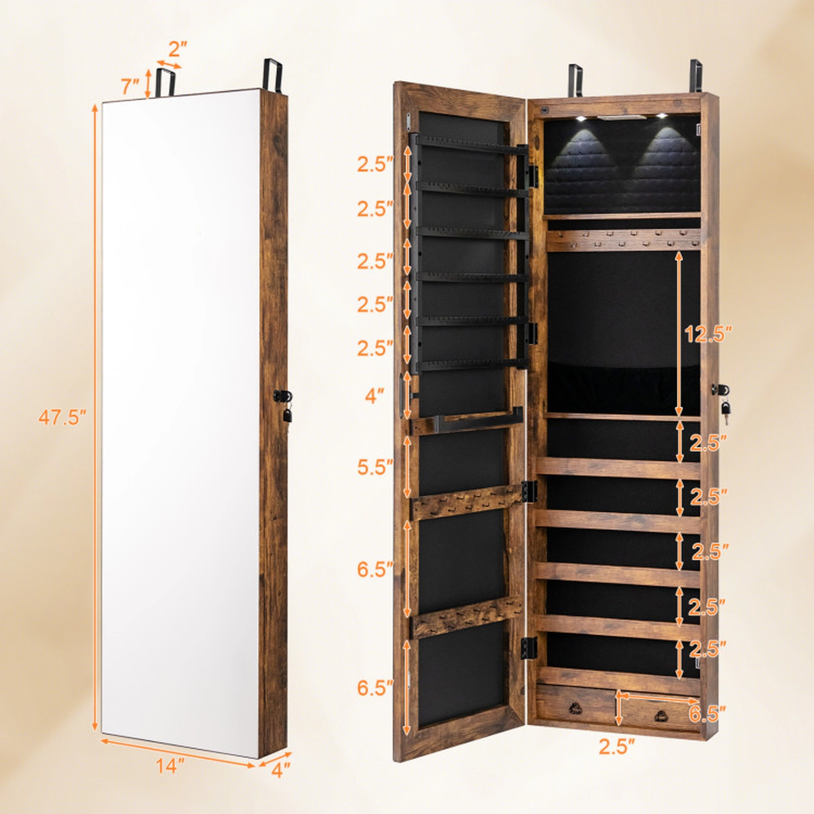 SUGIFT Wall Door Mounted Full-Length Mirror 2 LED Lights Jewelry Cabinet Armoire 14-in x 4-in x 54.5-in Rustic Brown