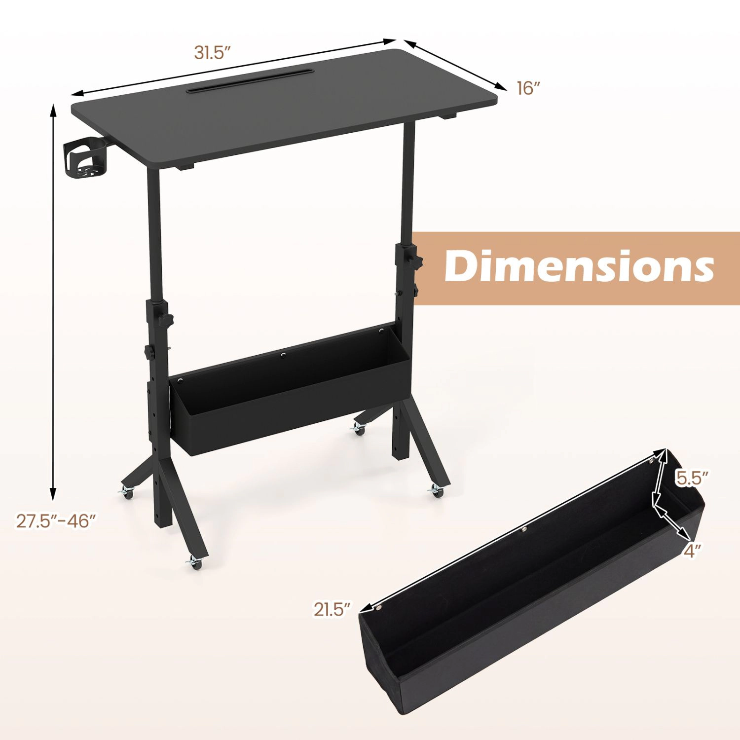 SlickBlue Adjustable Height Standing Desk with Wheels and Cup Holder