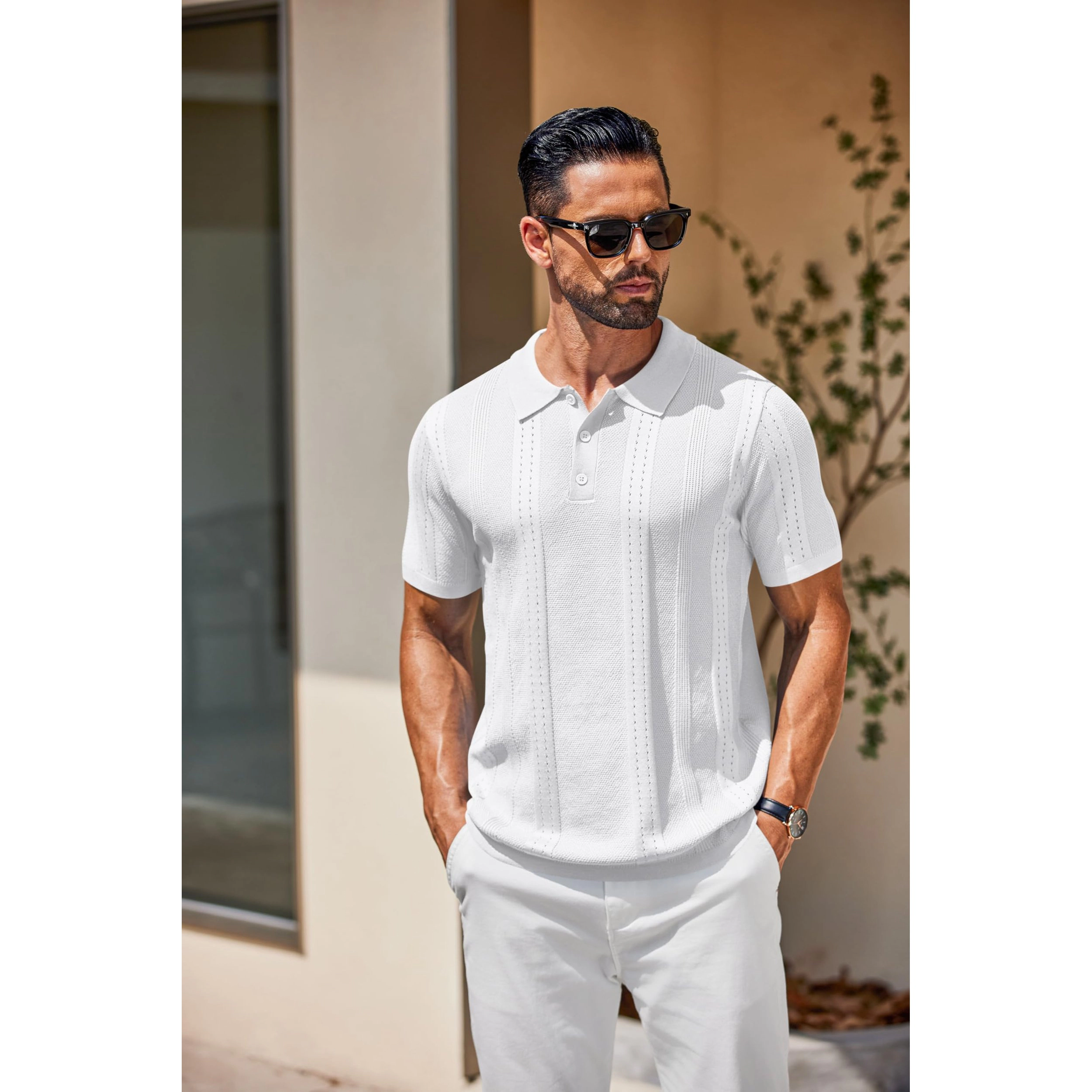 COOFANDY Men's Slim Fit Textured Knit Short Sleeve Polo Shirt
