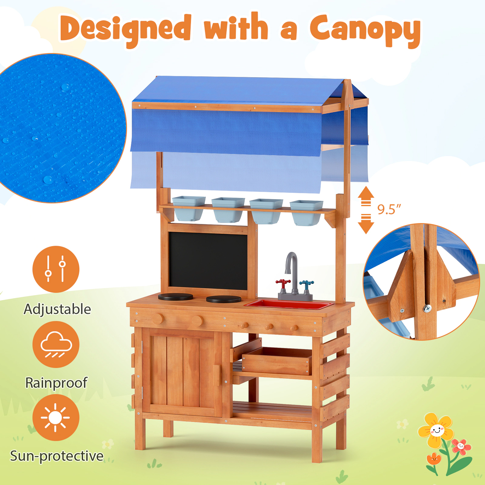 LJG Wooden Pretend Play Kitchen with Height Adjustable Canopy for Kids