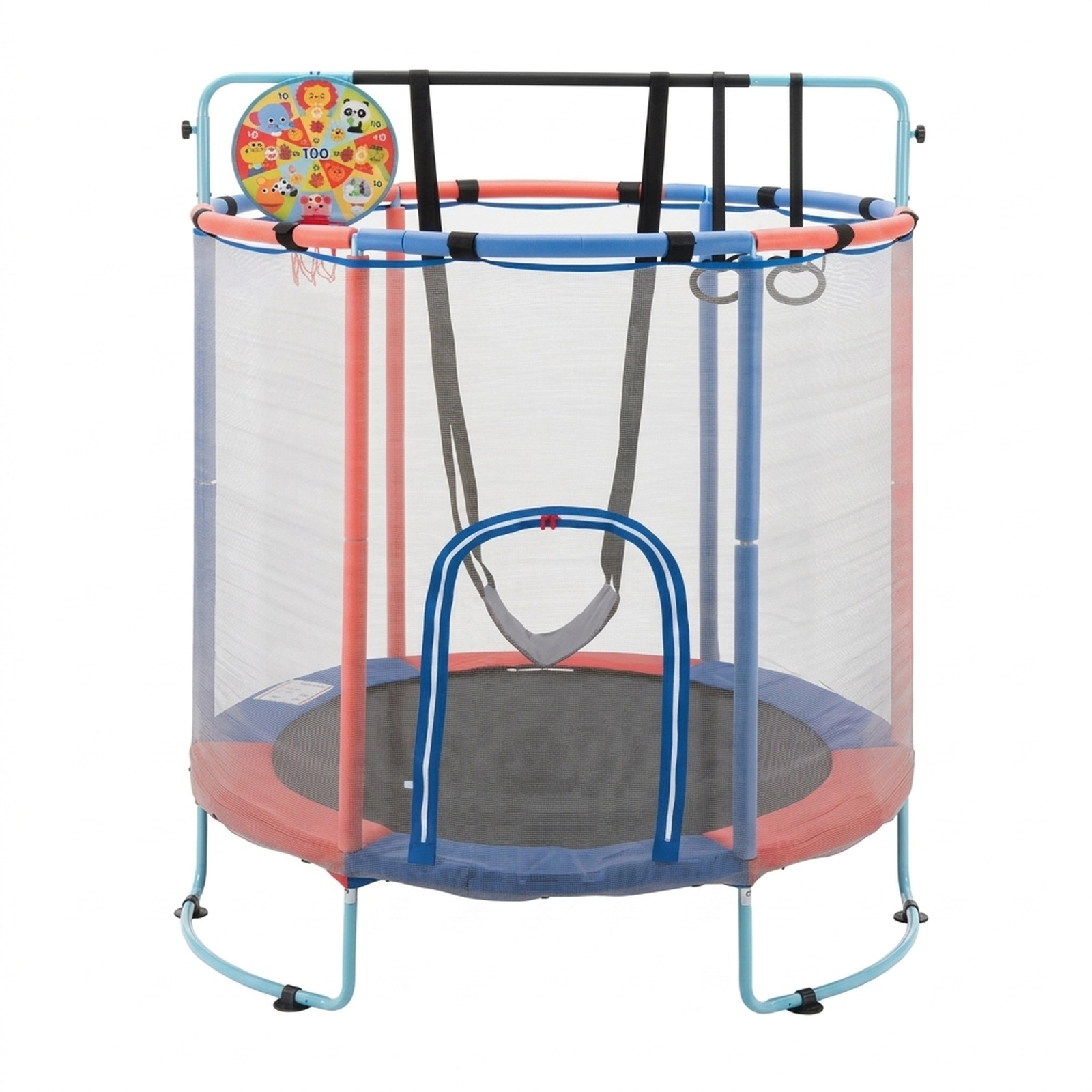 SUGIFT 55-in Kids Trampoline with Adjustable Gymnastics Bar & Basketball Hoop 110-lb Capacity Ages 3+ Navy/Purple/Yellow
