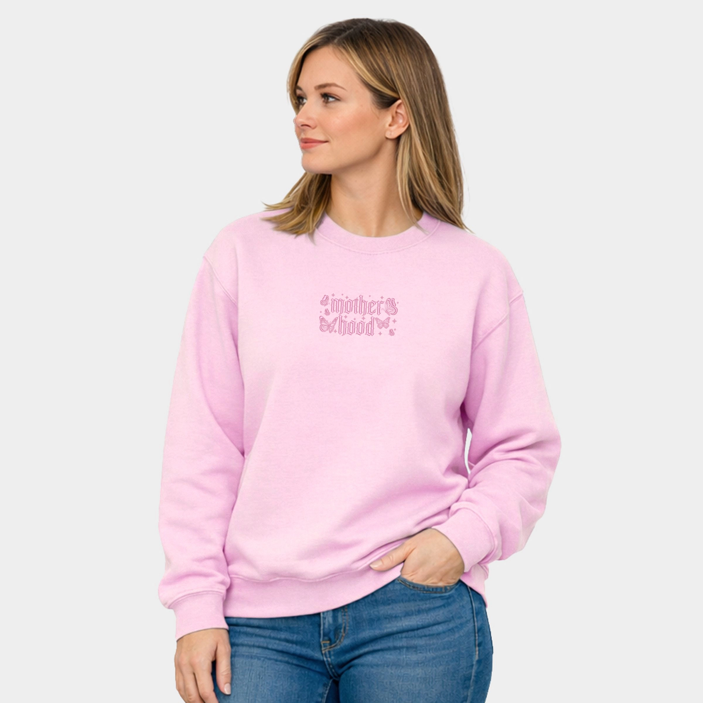 Simply Sage Market Women's Embroidered Motherhood Butterflies Graphic Sweatshirt