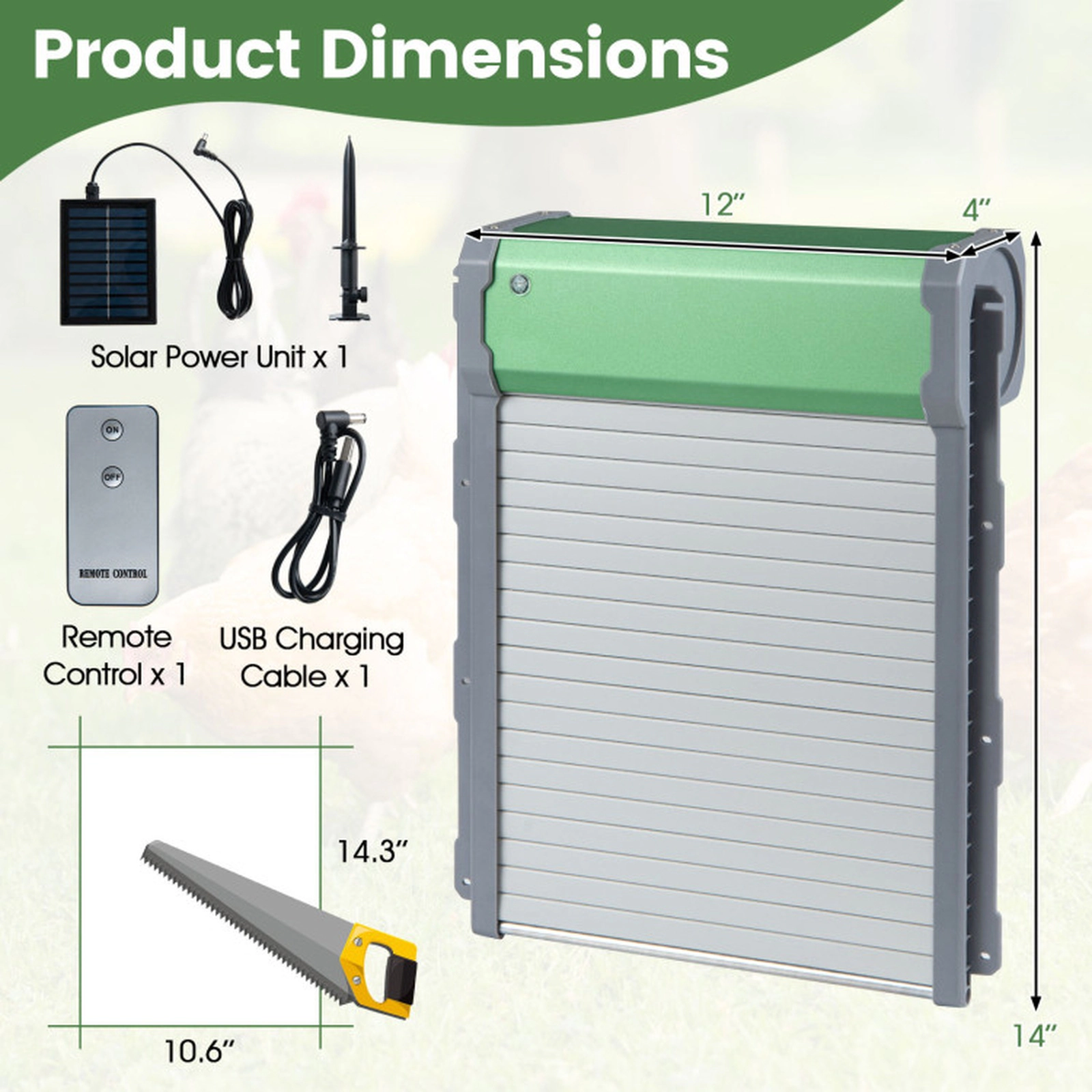 SUGIFT Automatic Solar Chicken Coop Door with Remote Control and Light Sensor Timer Green & Sliver