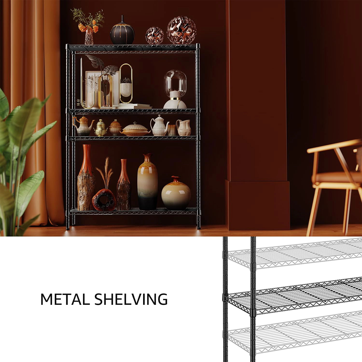 Flynama 4 Tier Black Wire Shelving 1400 LBS 45.3W x 15.8D x 59.4H in Adjustable Heavy Duty Standing Shelf Unit