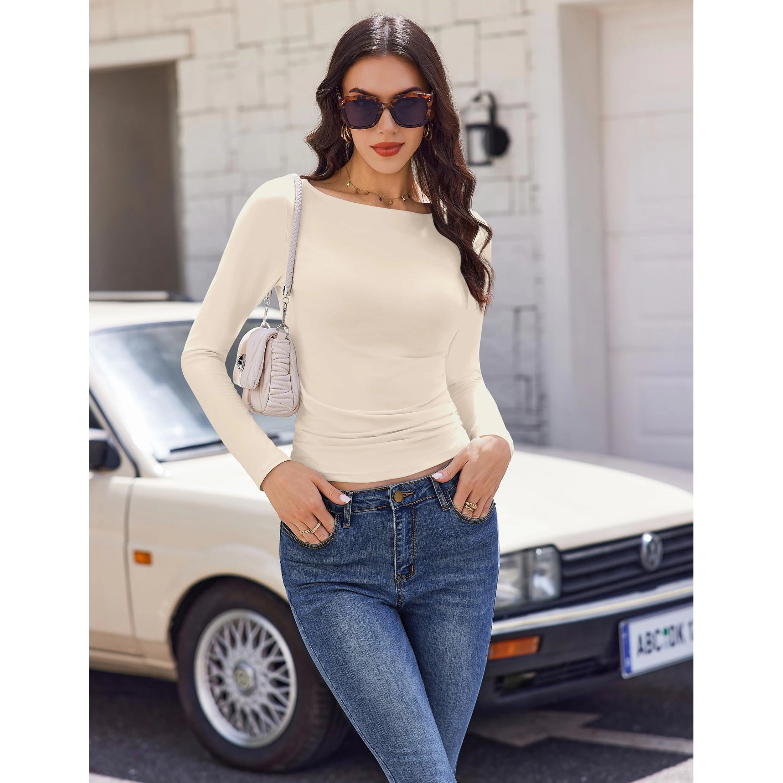 Ekouaer Women's Boat Neck Long Sleeve Slim Fit Ruched T-Shirt