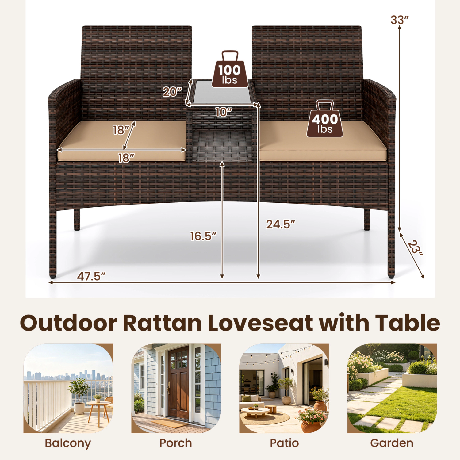 LJG Patio Loveseat Wicker 2-Seat Conversation Set with Built-in Coffee Table