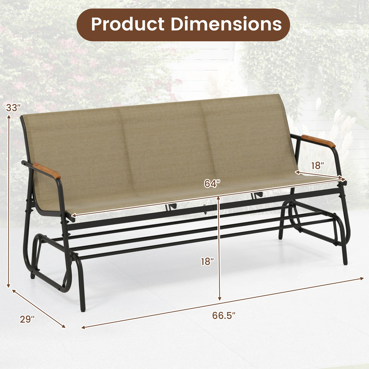 SUGIFT 3-Person Brown Outdoor Patio Glider Bench, 990-Lb Capacity, Teak Armrests