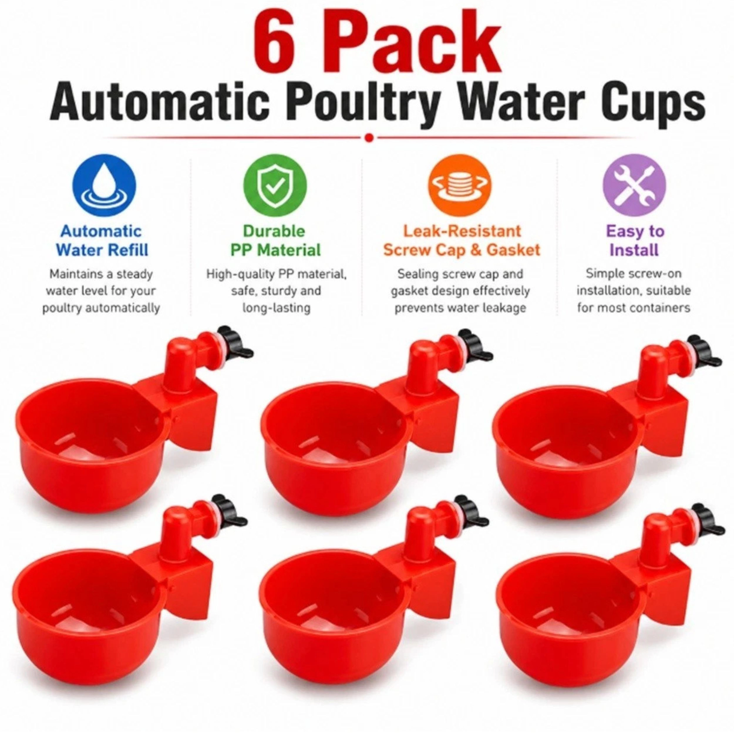 Home Collection Pack of 6 Automatic Chicken Waterer Cups for Poultry Coop Watering