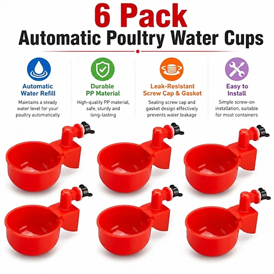 Home Collection Pack of 6 Automatic Chicken Waterer Cups for Poultry Coop Watering