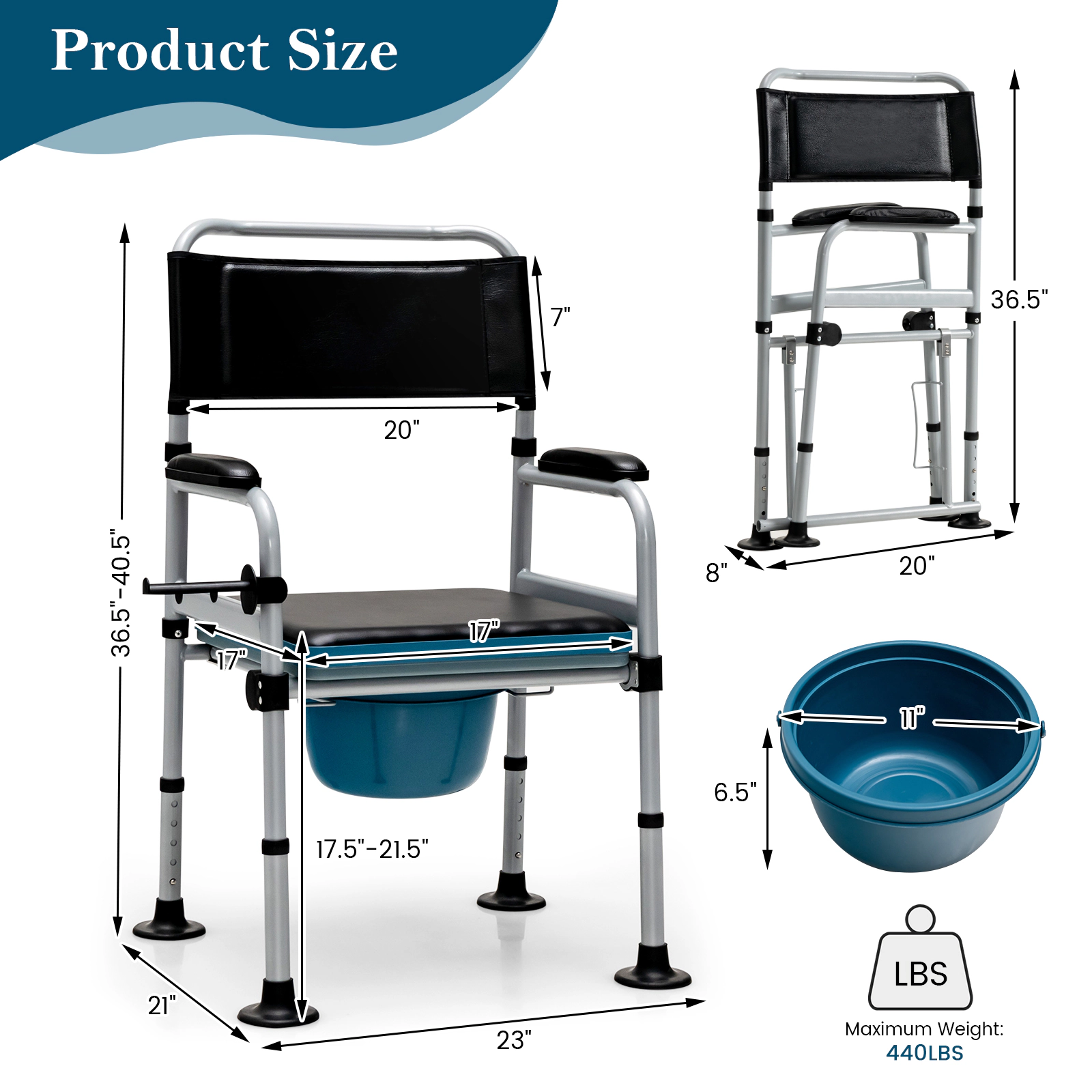SUGIFT 4-in-1 Folding Bedside Commode and Shower Chair, 440-lb Capacity, Adjustable Height
