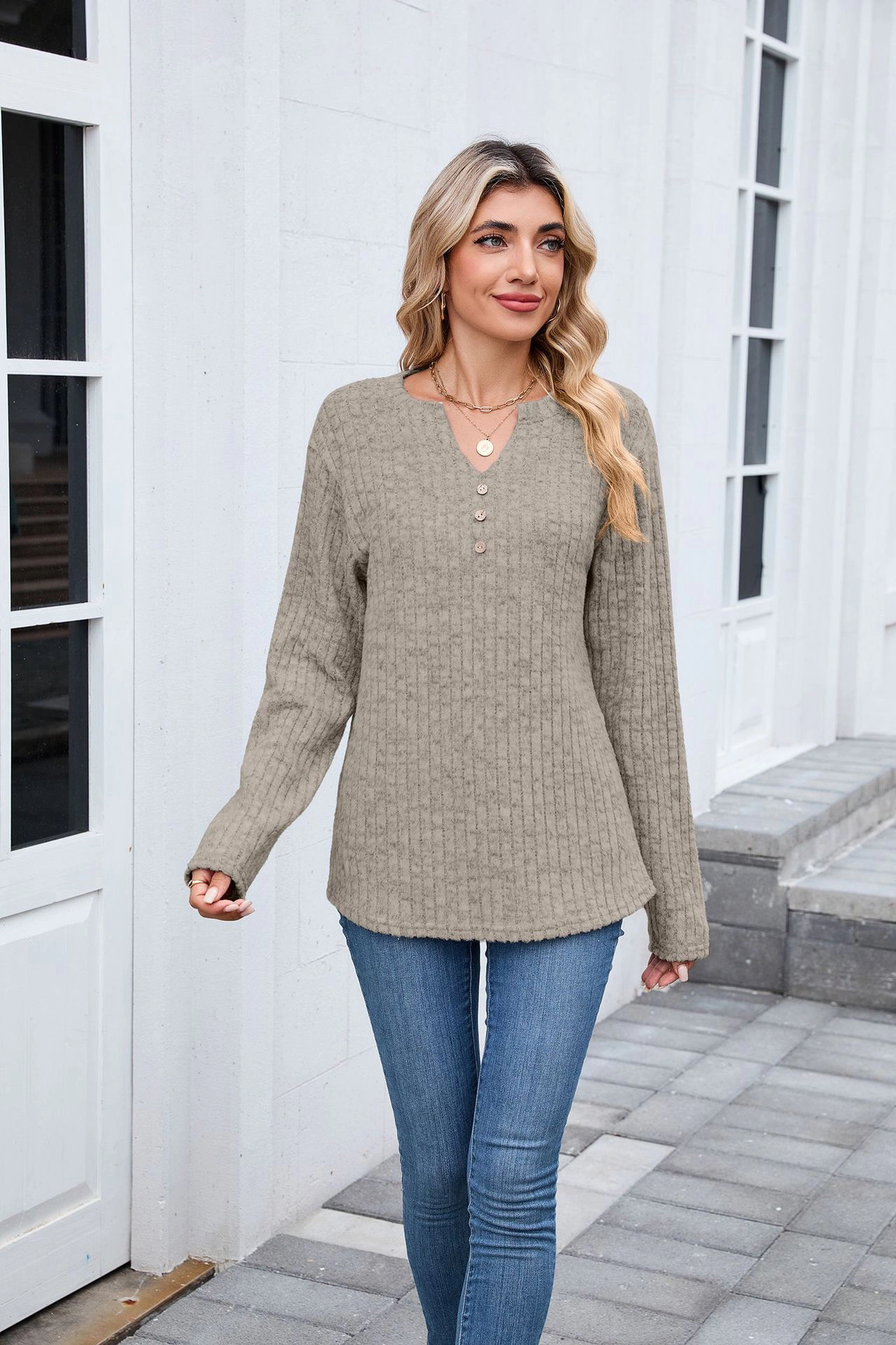 Enchanted Funland Womens V‑Neck Ribbed Henley Long Sleeve Button Pullover Tops