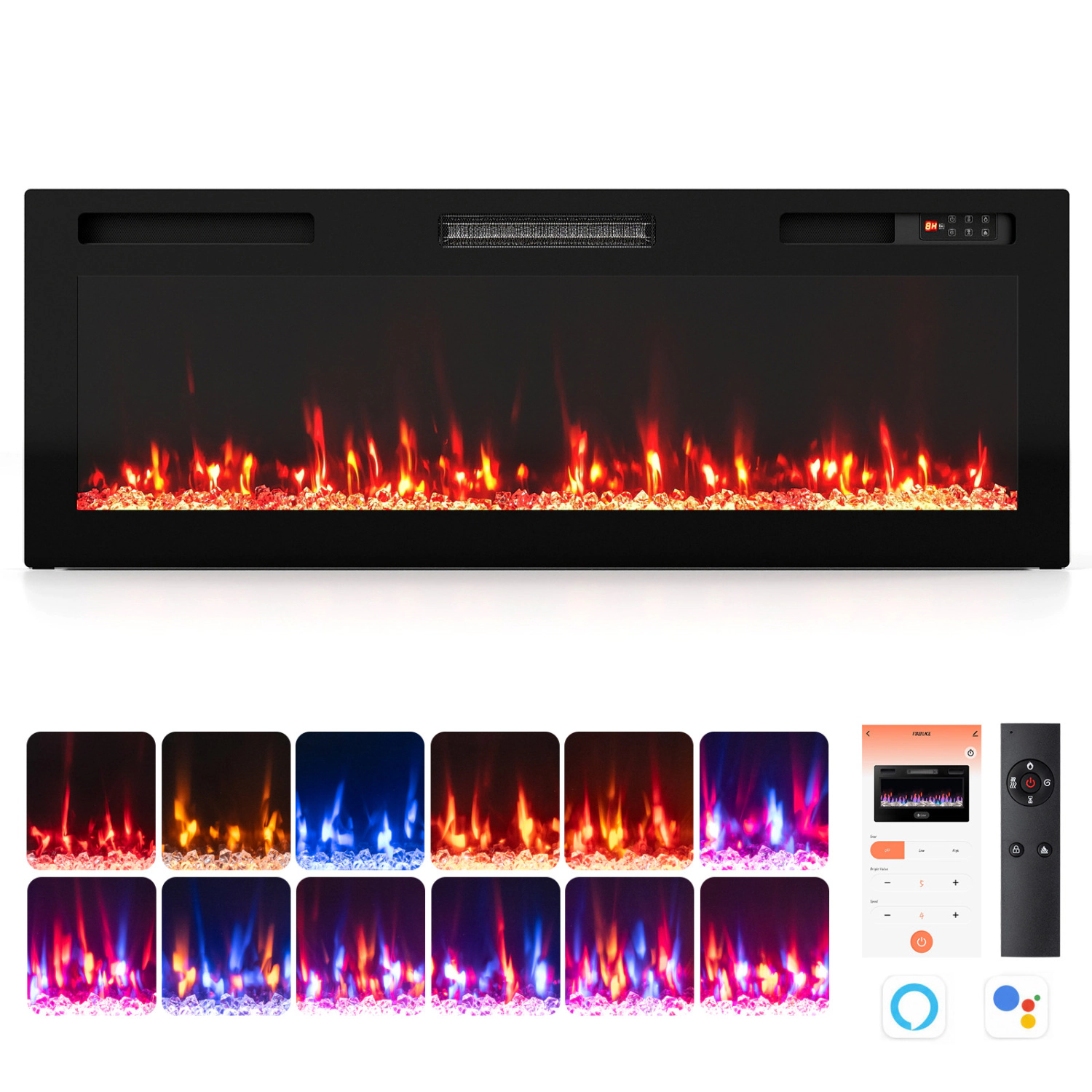 LJG 30/36/40/50/60/72 Inch Smart WiFi Electric Fireplace with Recessed and Wall Mounted