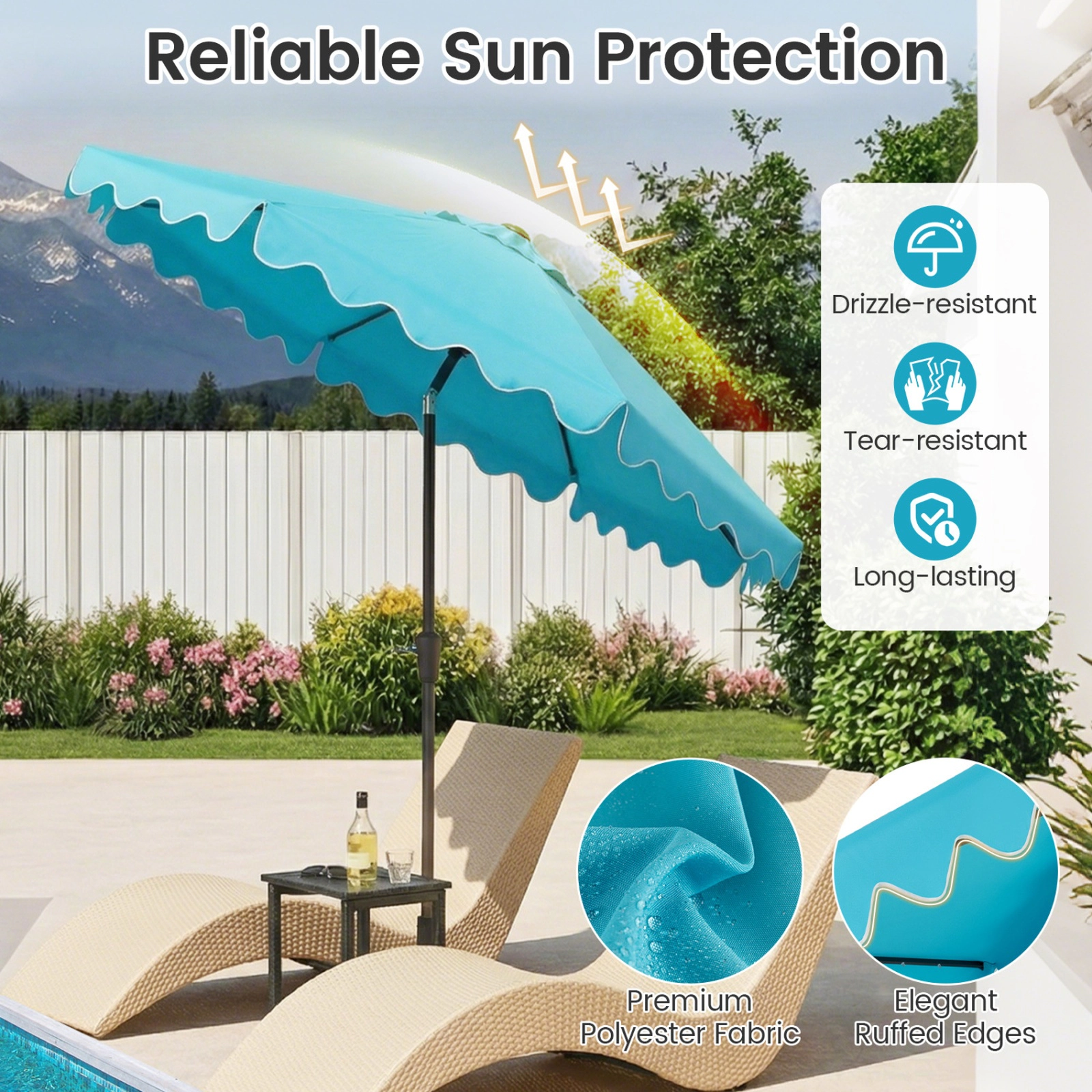 SUGIFT Turquoise 9 ft Outdoor Patio Umbrella with 32 Solar LED Lights and Sandbags