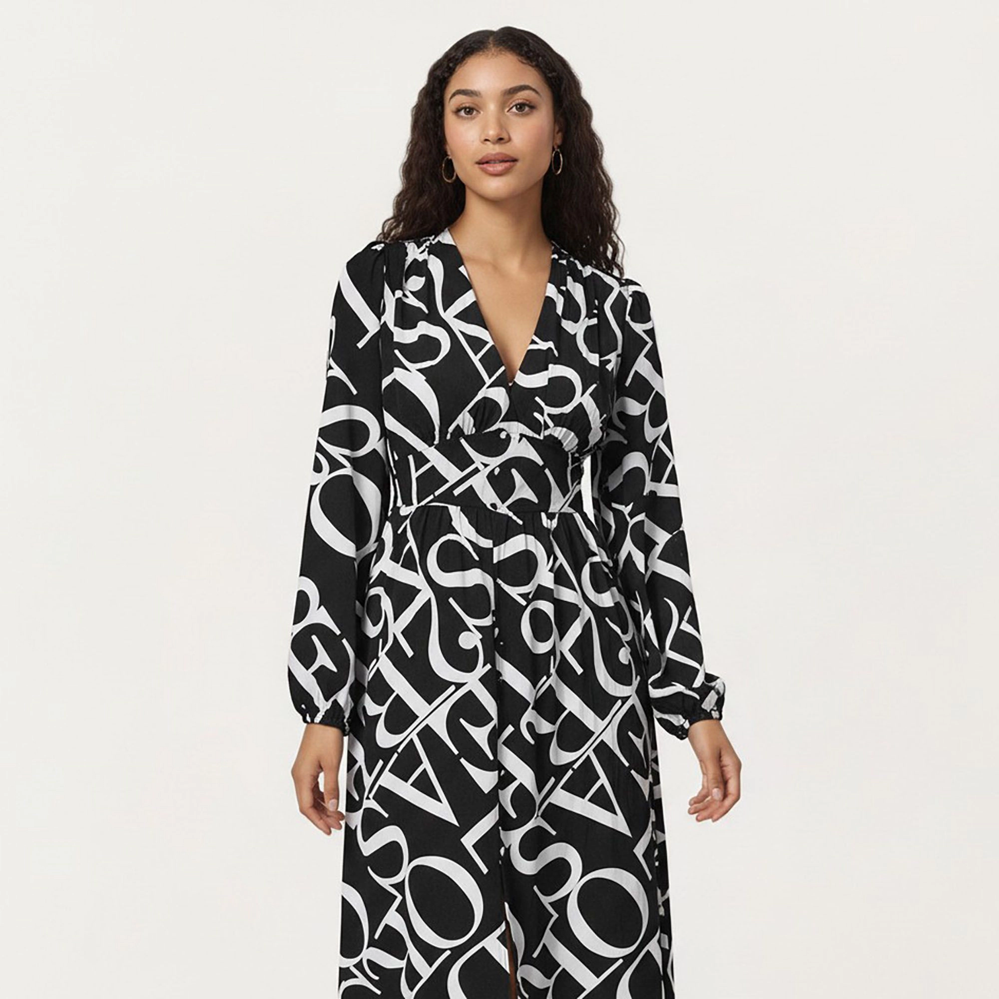 Anna-Kaci Women's Black and White Abstract Logo Print Long Sleeve Belt Asymmetrical Hem Wrap Dress