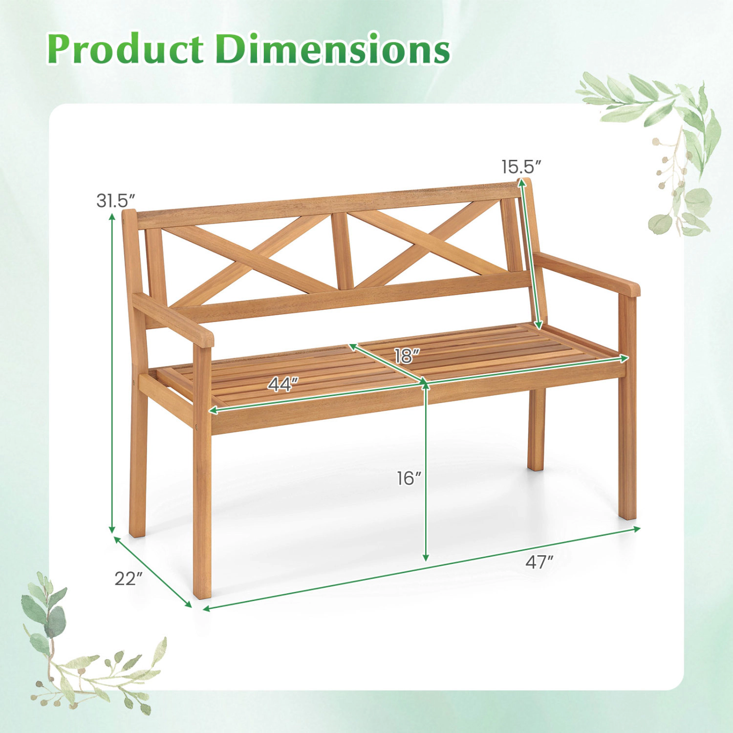 LJG 2-Person Patio Acacia Wood Garden Chair with Armrests and Backrest for Backyard