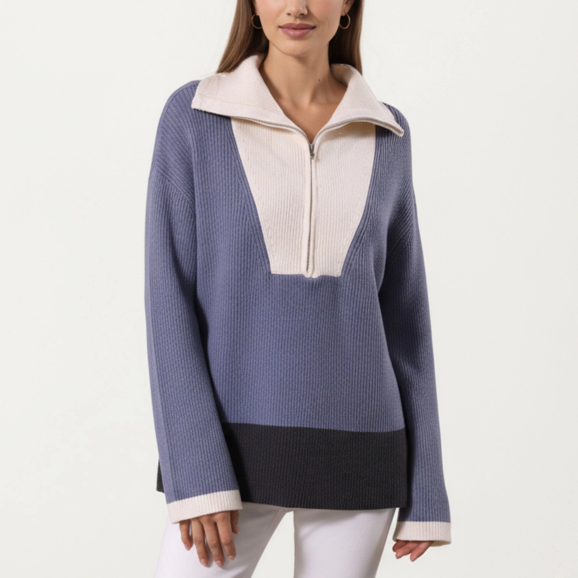 Anna-Kaci Women's Ribbed Half Zip Foldover Collar Contrast Hem Long Sleeve Knit Top