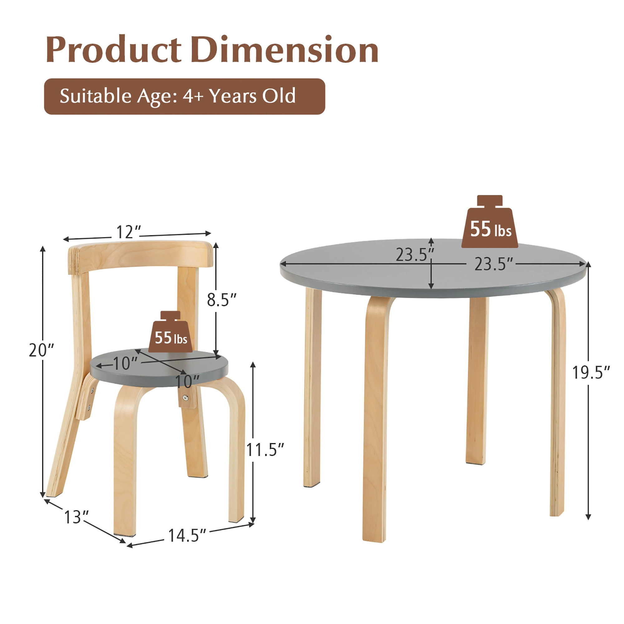 SUGIFT Gray Curved Back Chairs and Toy Bricks 5 Piece Kids Table and Chair Set