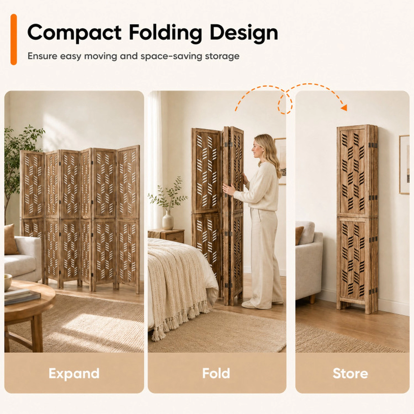 SUGIFT 6-Panel Paulownia Wood Room Divider Shelving Unit 95 x 67 in with Wave Cutouts 20.5-lb Net Weight Brown White