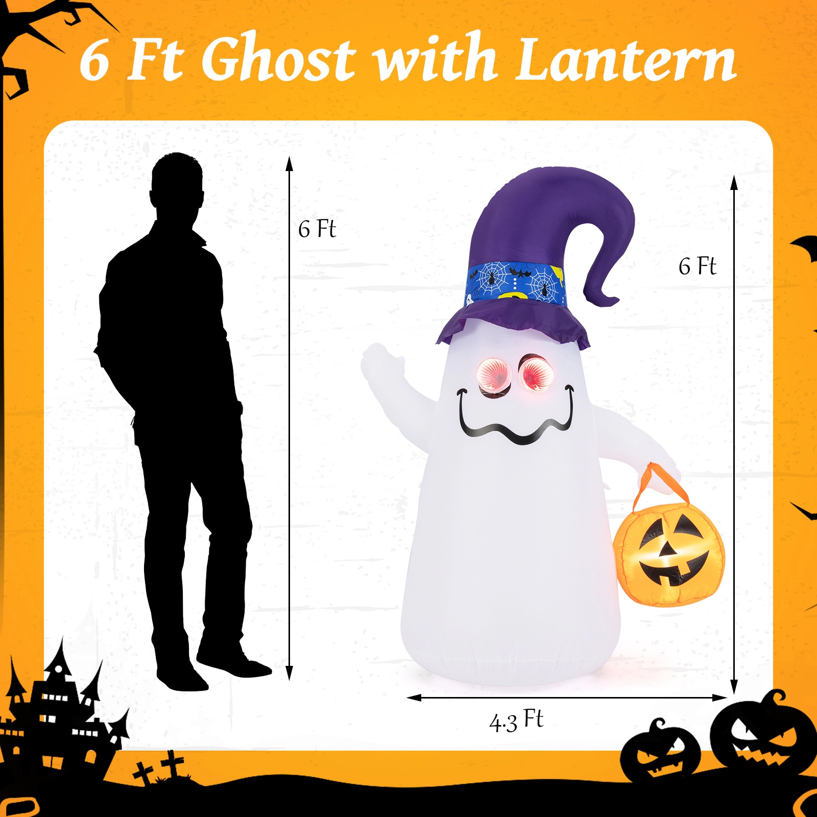 SUGIFT White 6-ft Halloween Inflatable Ghost with Jack-o-Lantern and LED Tunnel Lights 4.3-ft W 2.4-ft D 6-ft H