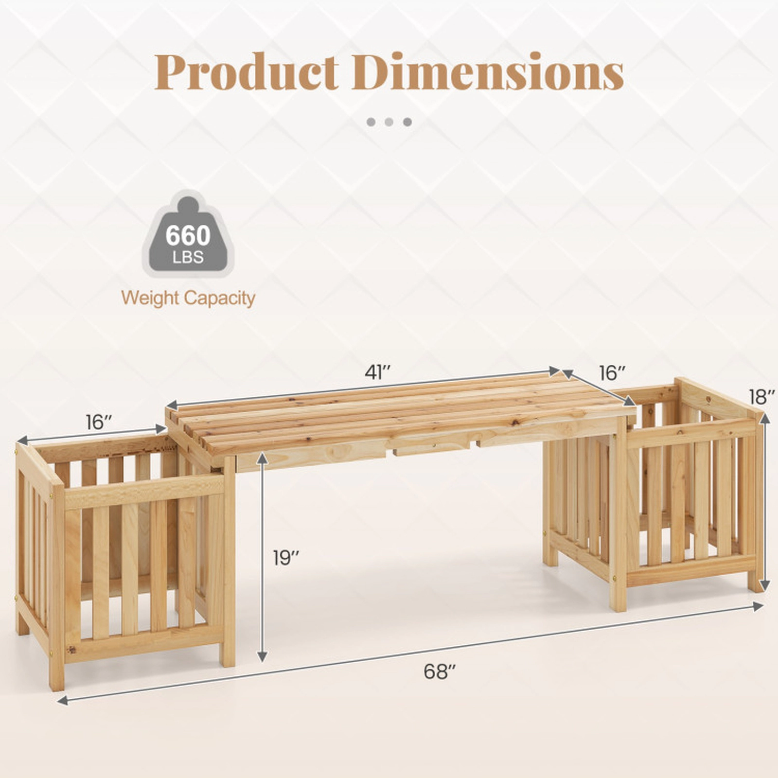 SUGIFT Natural 2 Planters 2-Person Garden Seat 68 Inch Patio Fir Wood Bench