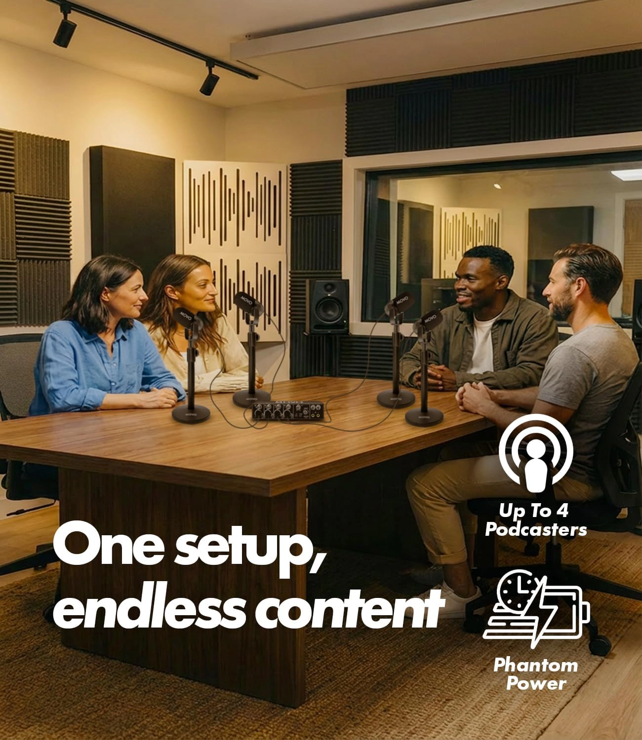 Movo Four Person Podcast Bundle with 4 Channel USB Audio Interface 4 CastMic Microphones and 4 Tabletop Stands