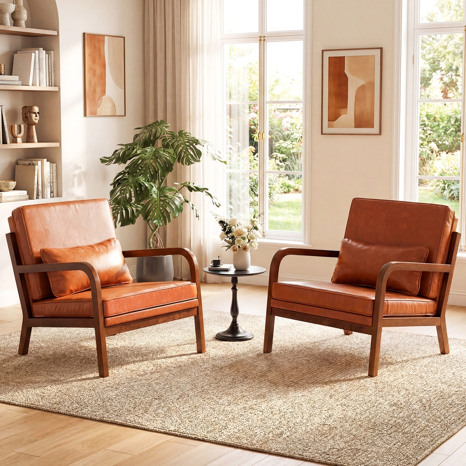 Modern Accent Chair Faux Leather and Linen Upholstered Armchair with Removable Lumbar Pillow Rubber Wood Frame Brown
