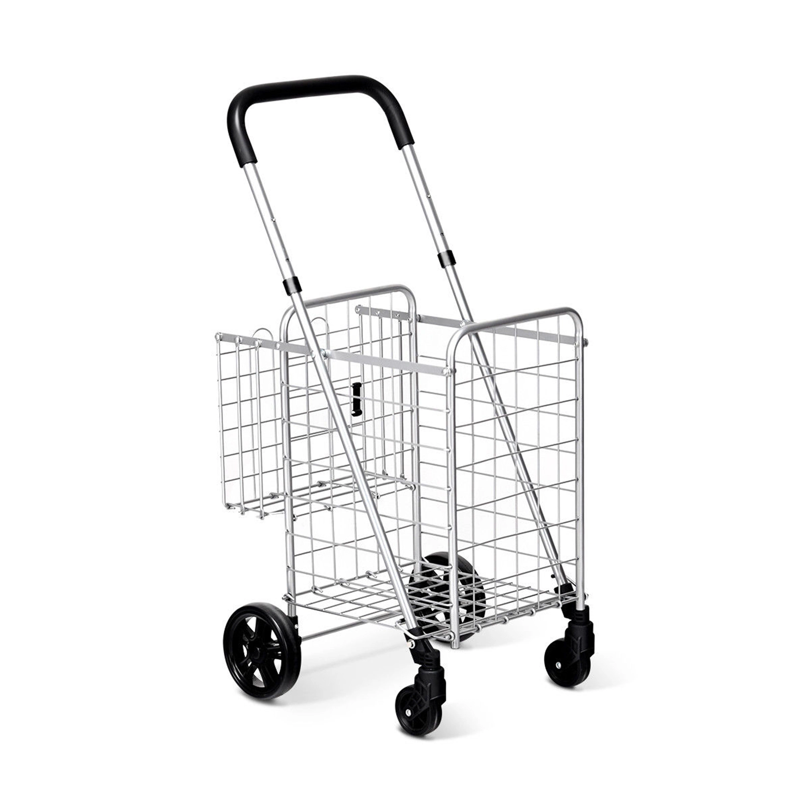 SUGIFT Folding Two-Basket Shopping Cart Rolling Trolley with Adjustable 35-37.5-in Handle 44-lb Capacity Black/Silver