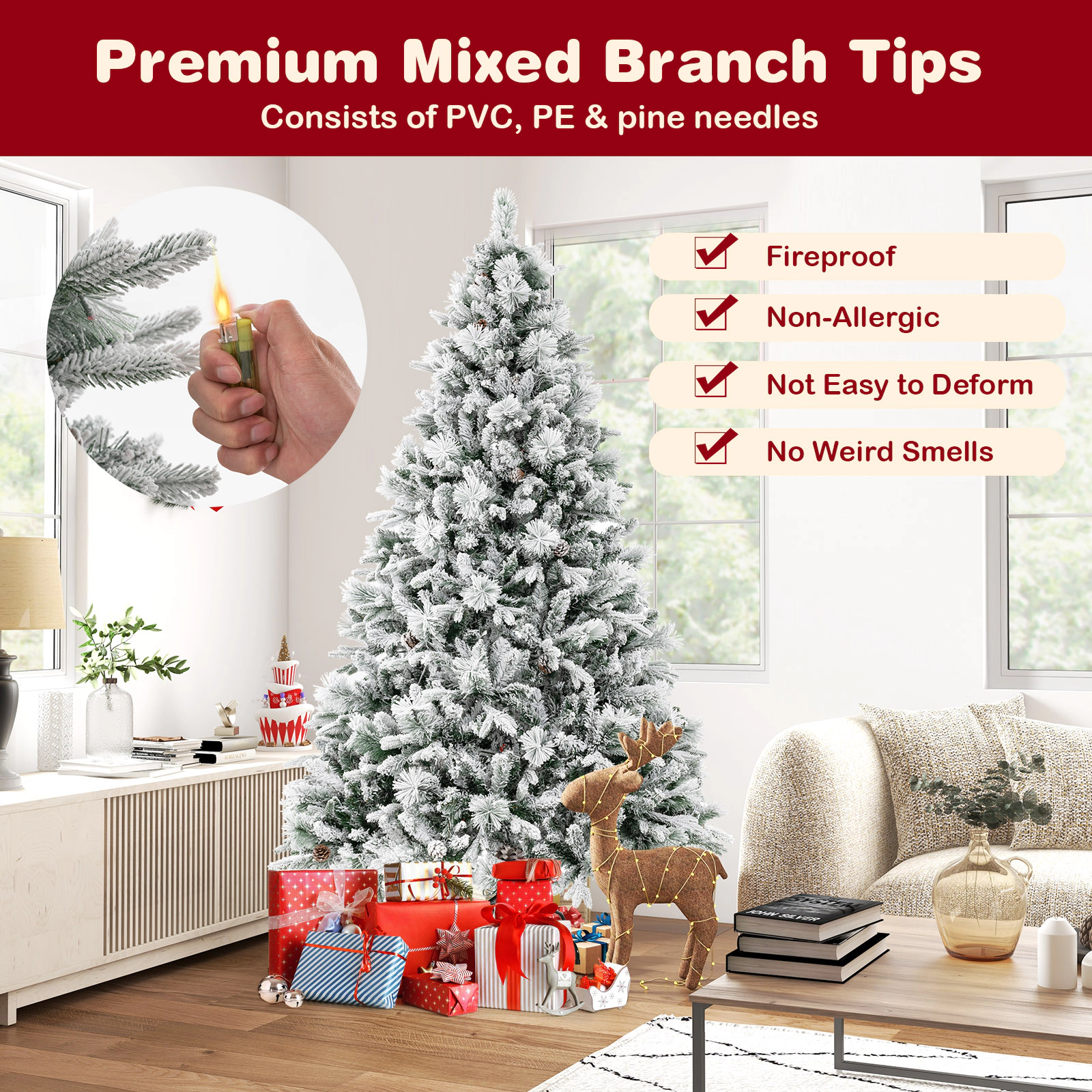SUGIFT 7-ft Snow Flocked Pre-Lit Artificial Christmas Tree with 40 Pine Cones 1270 Tips and 320 LED Lights