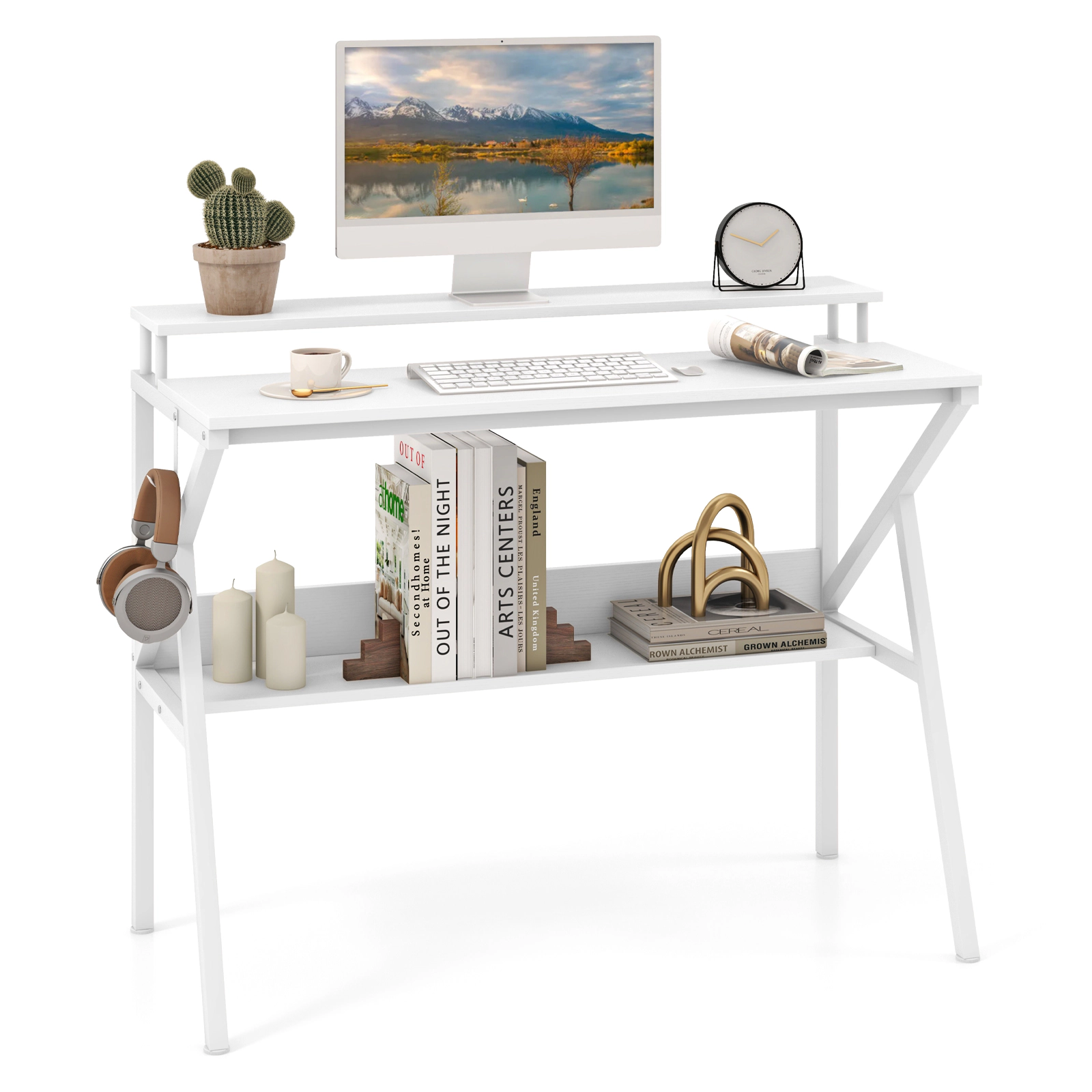 SUGIFT 39.5-Inch Computer Desk with Monitor Stand, Bottom Shelf and Removable Hook