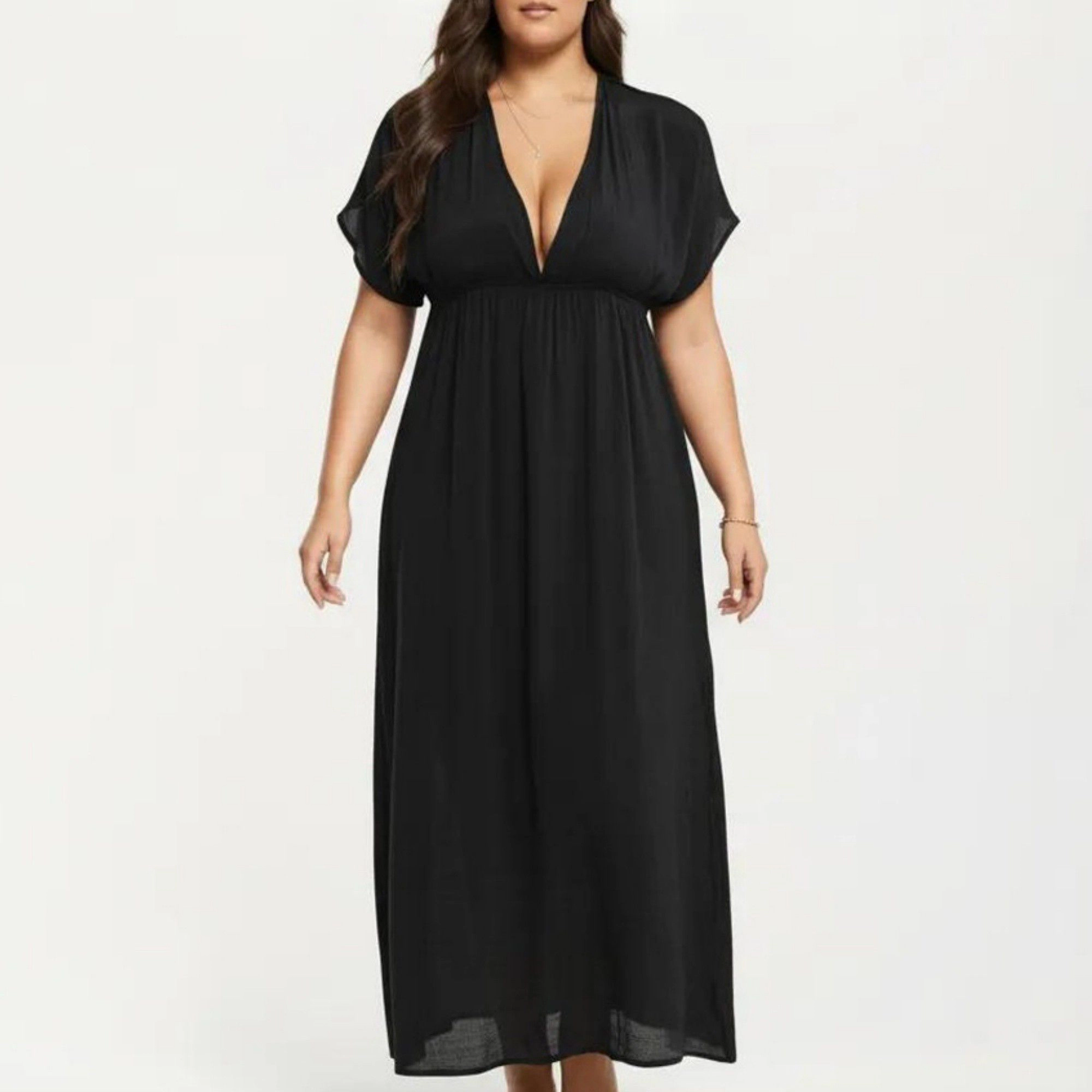 Anna-Kaci Women's Plus Deep V Neck Short Sleeve Loose Fit Flowy Maxi Dress