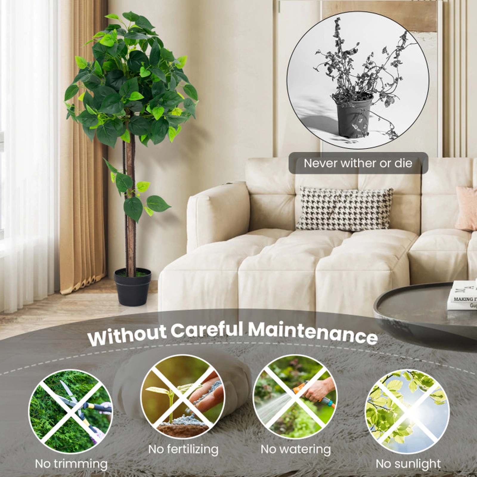 SUGIFT 45-in Real Wood Trunk Pongee Fabric Leaves Artificial Hydrangea Tree 6.5-in x 5-in Cement Pot 5.5-lb Green