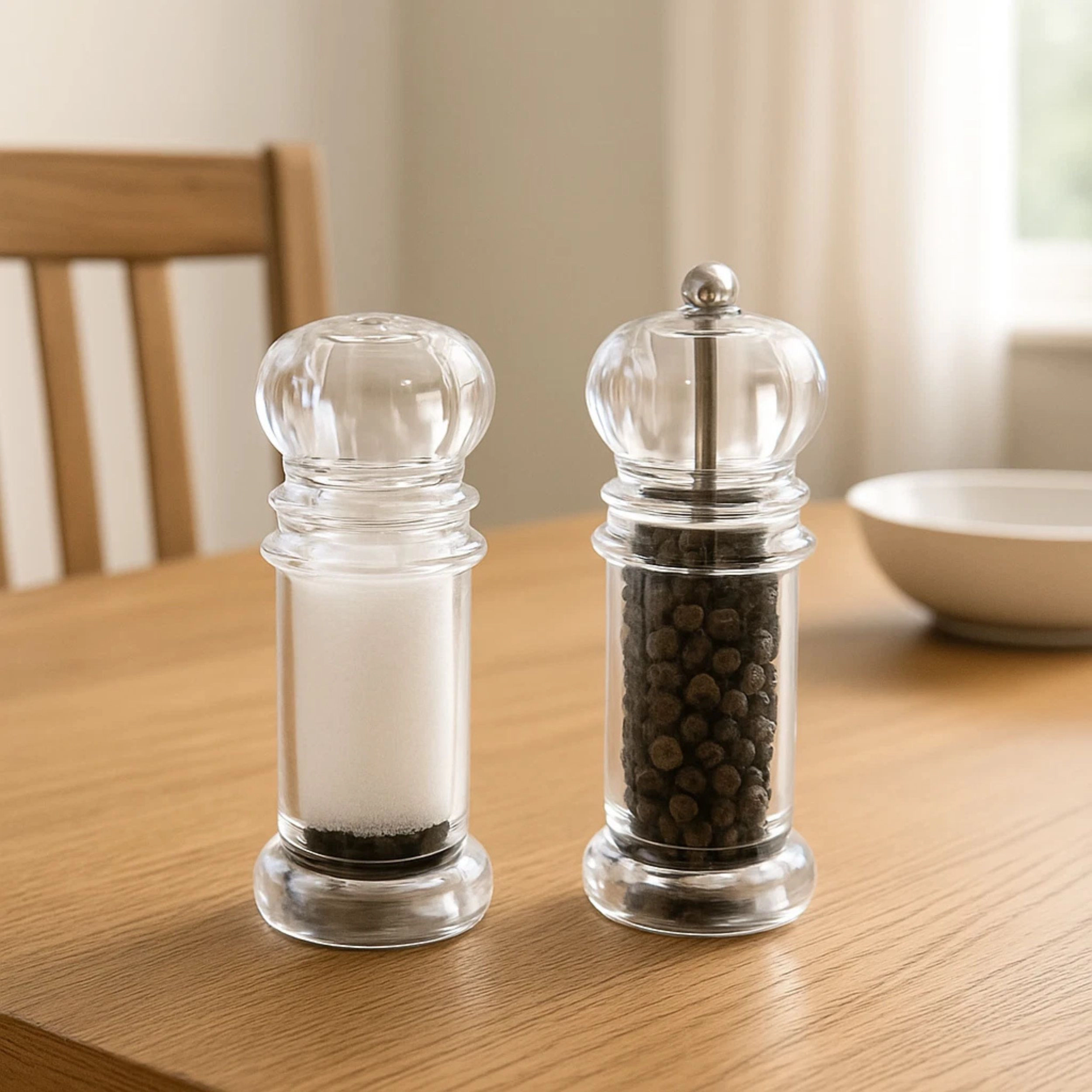 Home Collection Salt Shaker & Pepper Mill Set 4 Inch Clear Plastic Seasoning Set