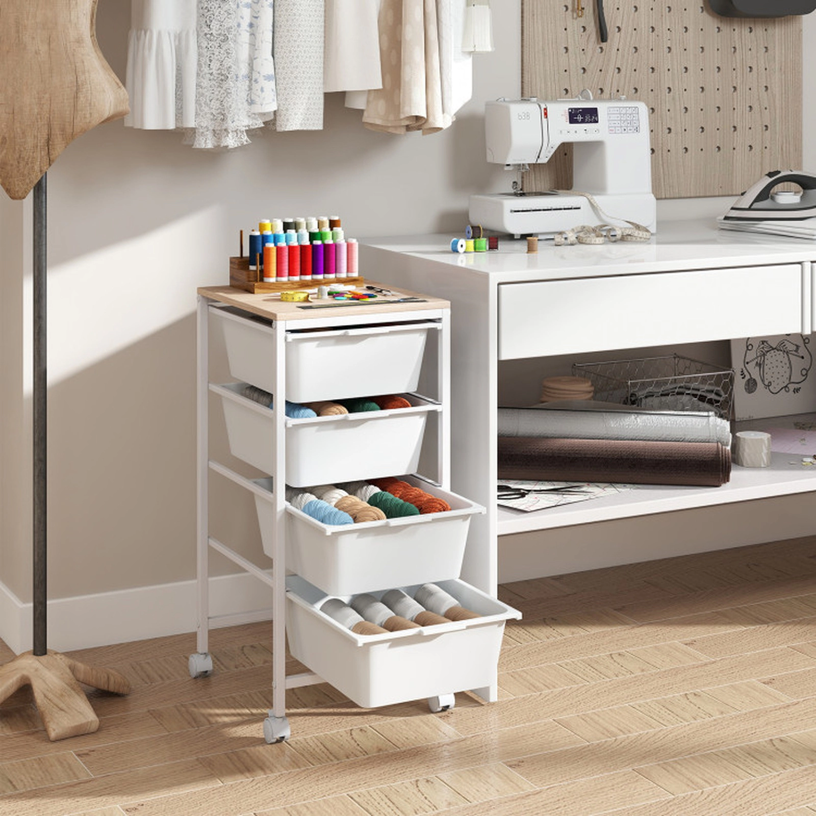 SUGIFT 5-Drawer Rolling Storage Cart White with Wooden Tabletop and Lockable Wheels