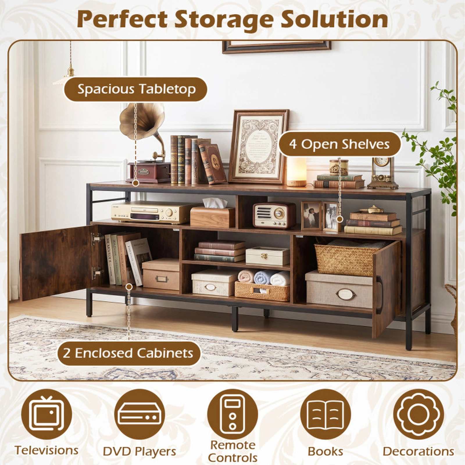 SUGIFT 58-Inch Industrial TV Stand for TVs Up to 65 Inches, 2 Cabinets, Adjustable Shelf, Rustic Brown and Black