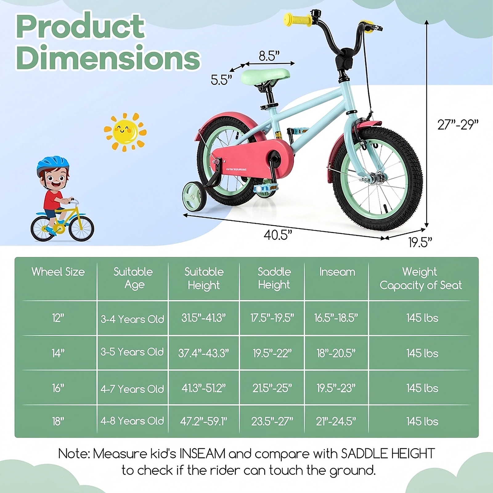 14-in Kids Bike Anti-Puncture Shock-Absorbing Wheels Removable Training Wheels Quick-Release Saddle Ages 3-5 Blue