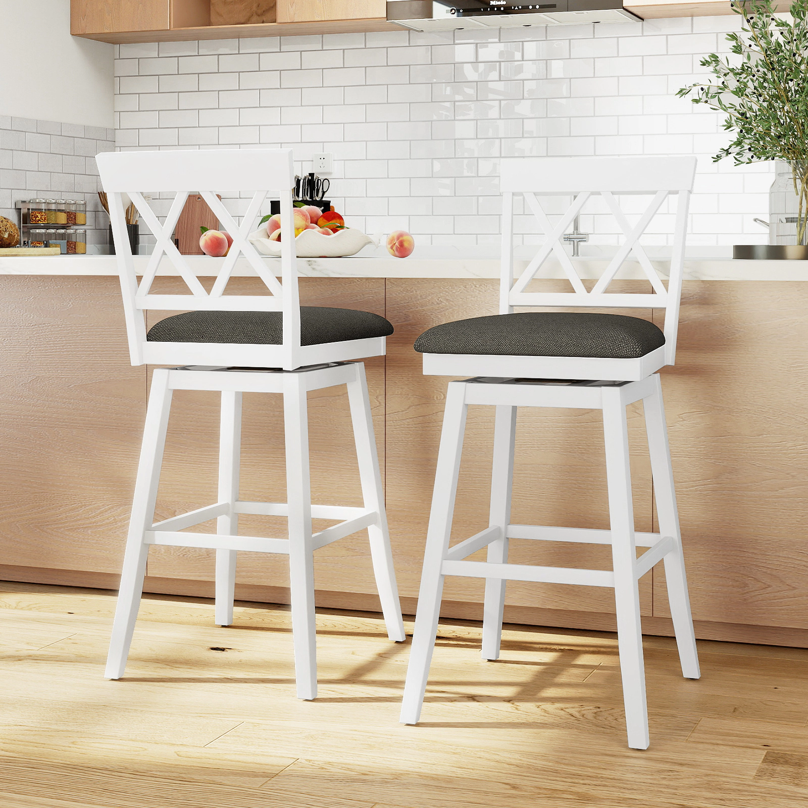 SUGIFT Upholstered Seat Cushion and X-Back Set of 2 White 29 in Swivel Bar Stools