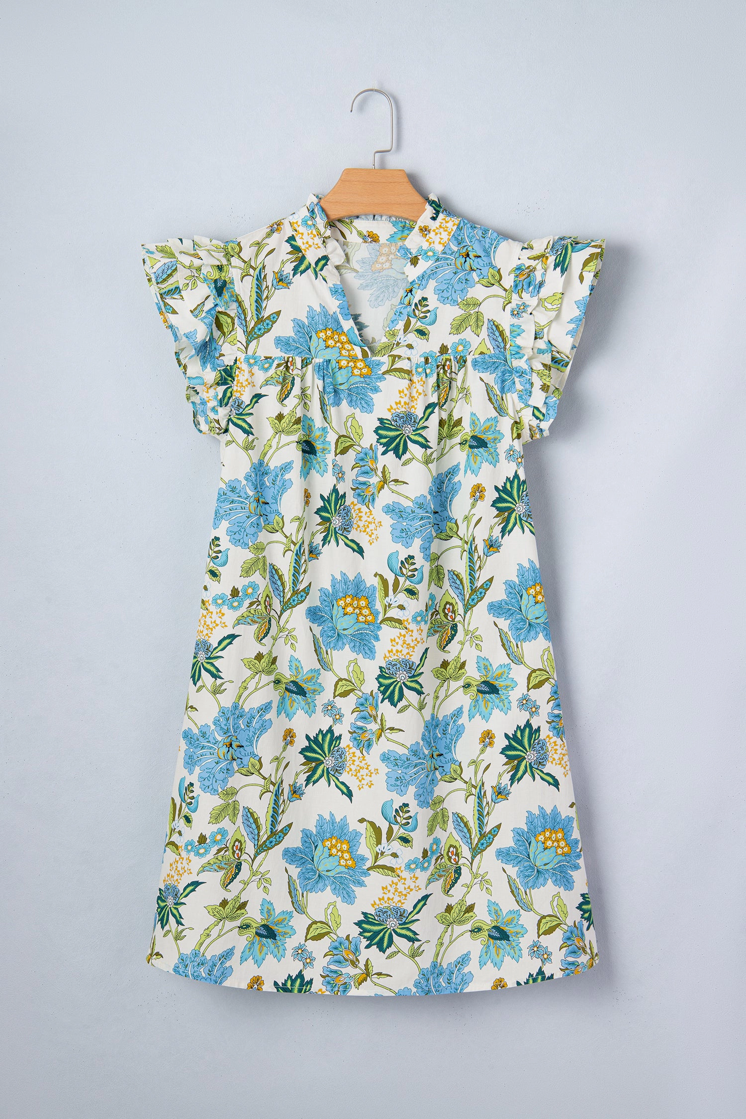 Threaded Pear Womens Giuliana Sleeve Shift Mini Dress - Floral V-Neck, Triple Ruffle Sleeves
