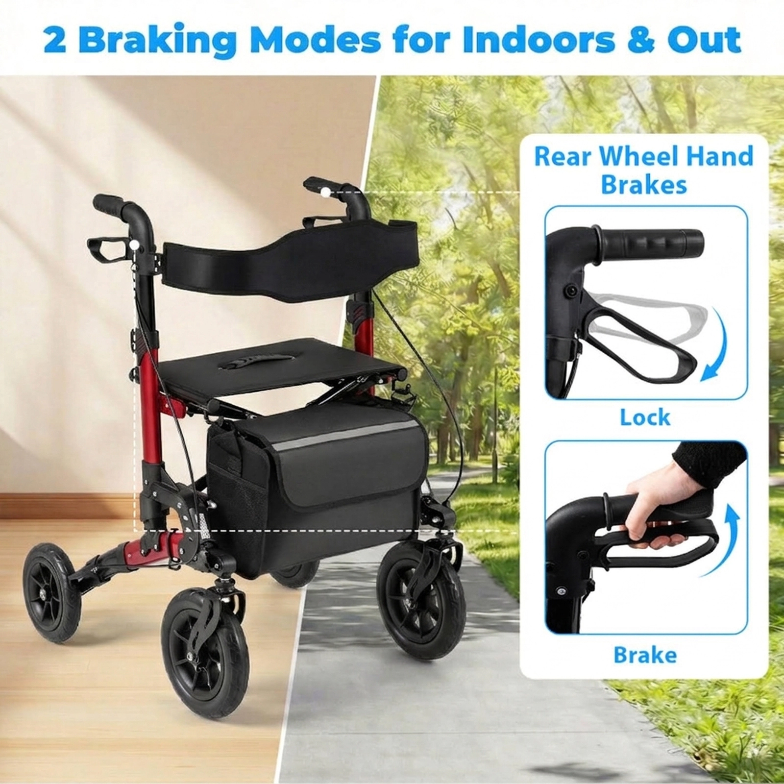SUGIFT Folding Rollator Walker, 300 lb Capacity, Spring Suspension, Seat, Mesh Back, 6 Height Levels