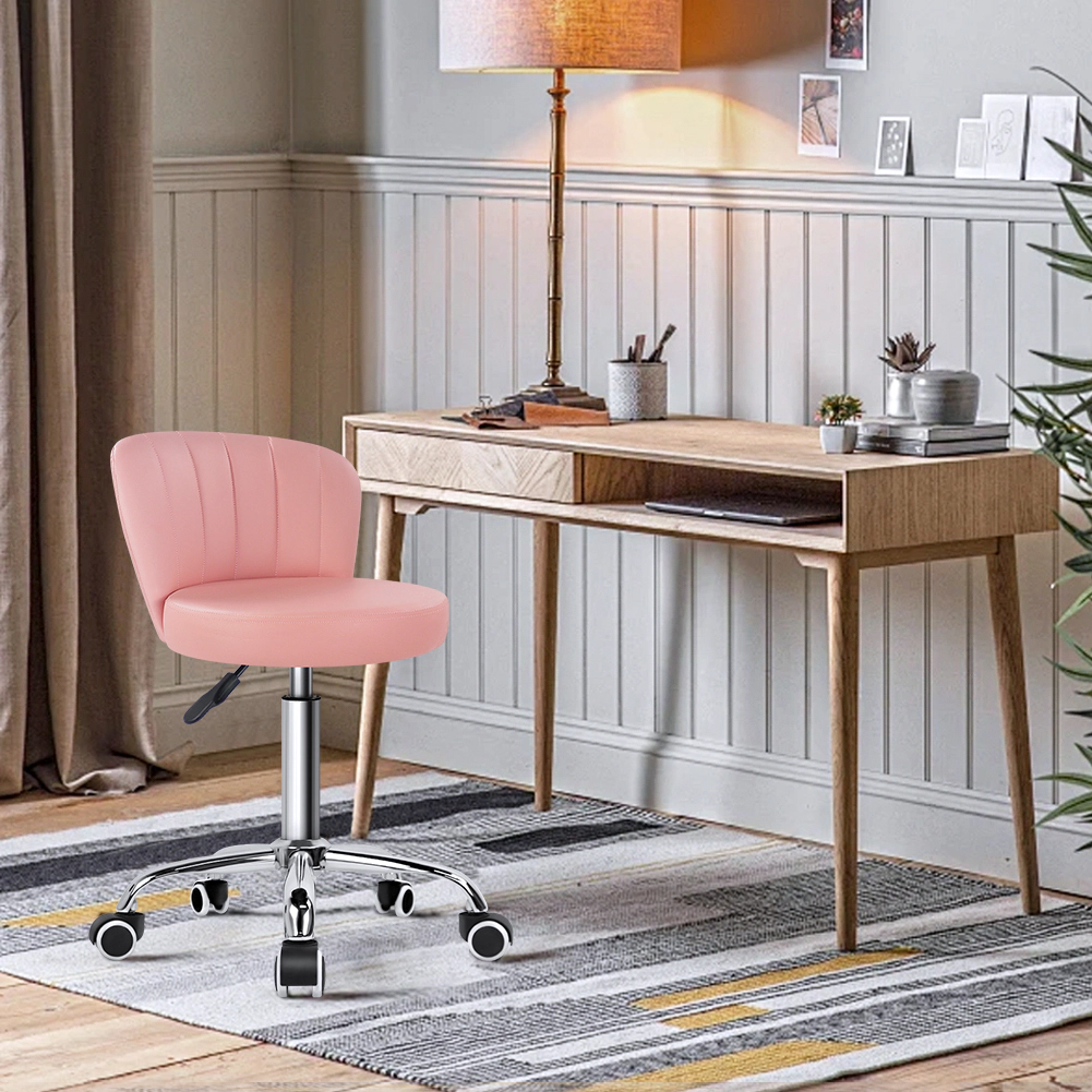 KKTONER Rolling Stool with Backrest Height Adjustable Office Chair PU Leather Swivel Vanity Chair with Wheels (Pink)