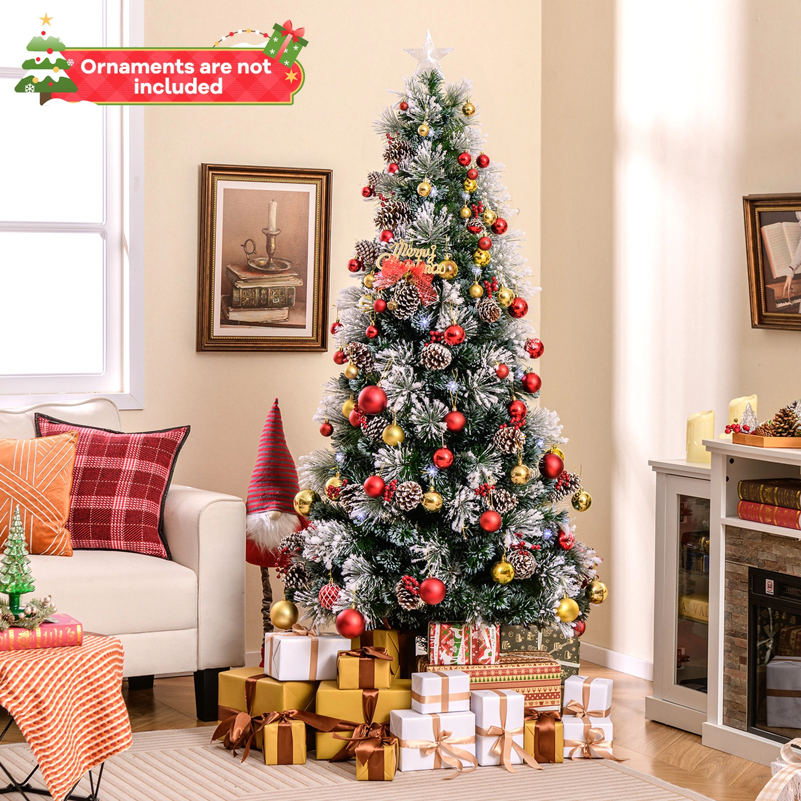 SUGIFT 7 ft Flocked Christmas Tree Pre-Lit with 8 Lighting Modes 30 Pine Cones and 30 Red Berries