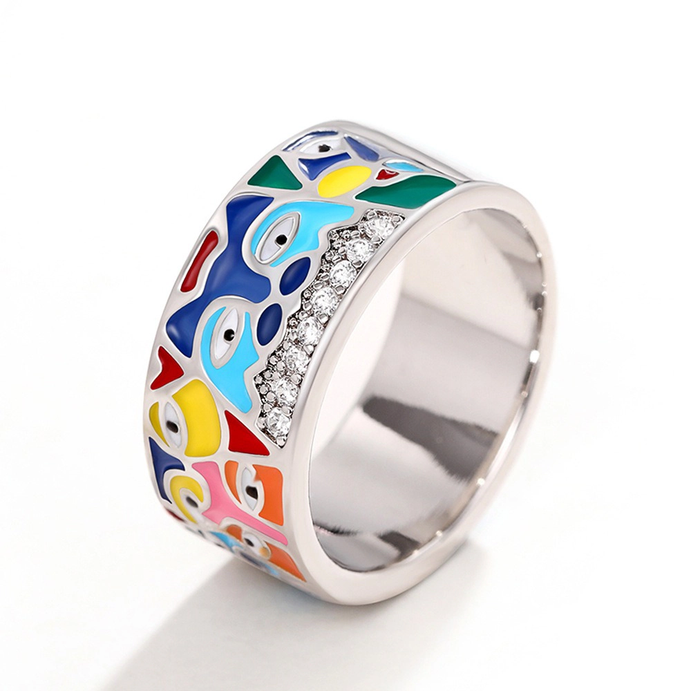 Wardrobe Whimsy Colorful Enamel Evil Eye Wide Band Ring Cubic Zirconia Statement Ring for Women