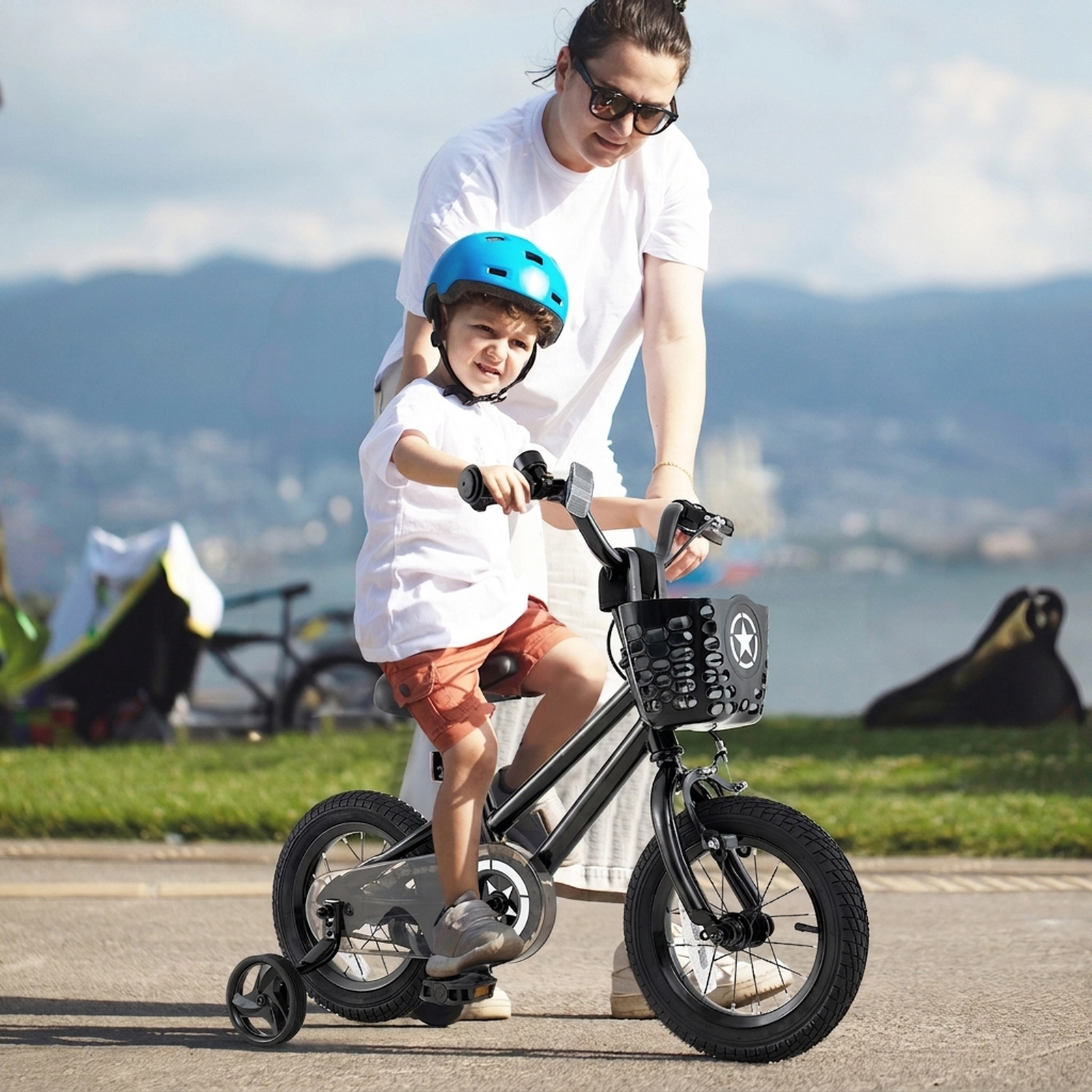 12-in Kids Bike with Front Basket Removable Training Wheels and Adjustable Seat Dual Brakes Boys/Girls Ages 3-4 Black