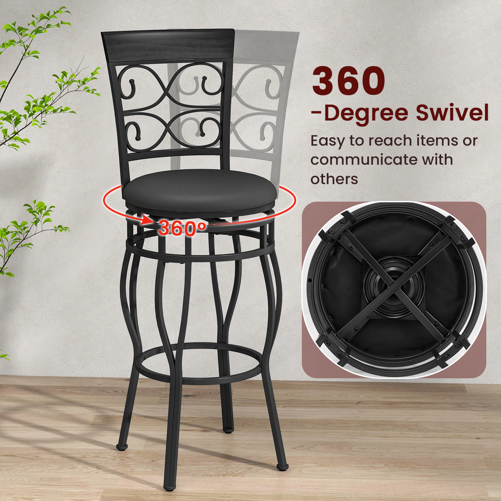 SUGIFT Set of 2 30-in Swivel Bar Stools with Backrest and Footrest 300-lb Capacity 18-in Wide Seat Black PU Leather