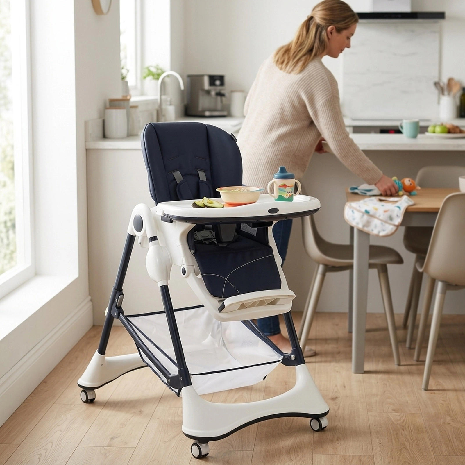A-Frame Foldable Baby High Chair 4 Lockable 360-Degree Wheels 7 Adjustable Heights 50-lb Capacity 0 to 36 Months Navy