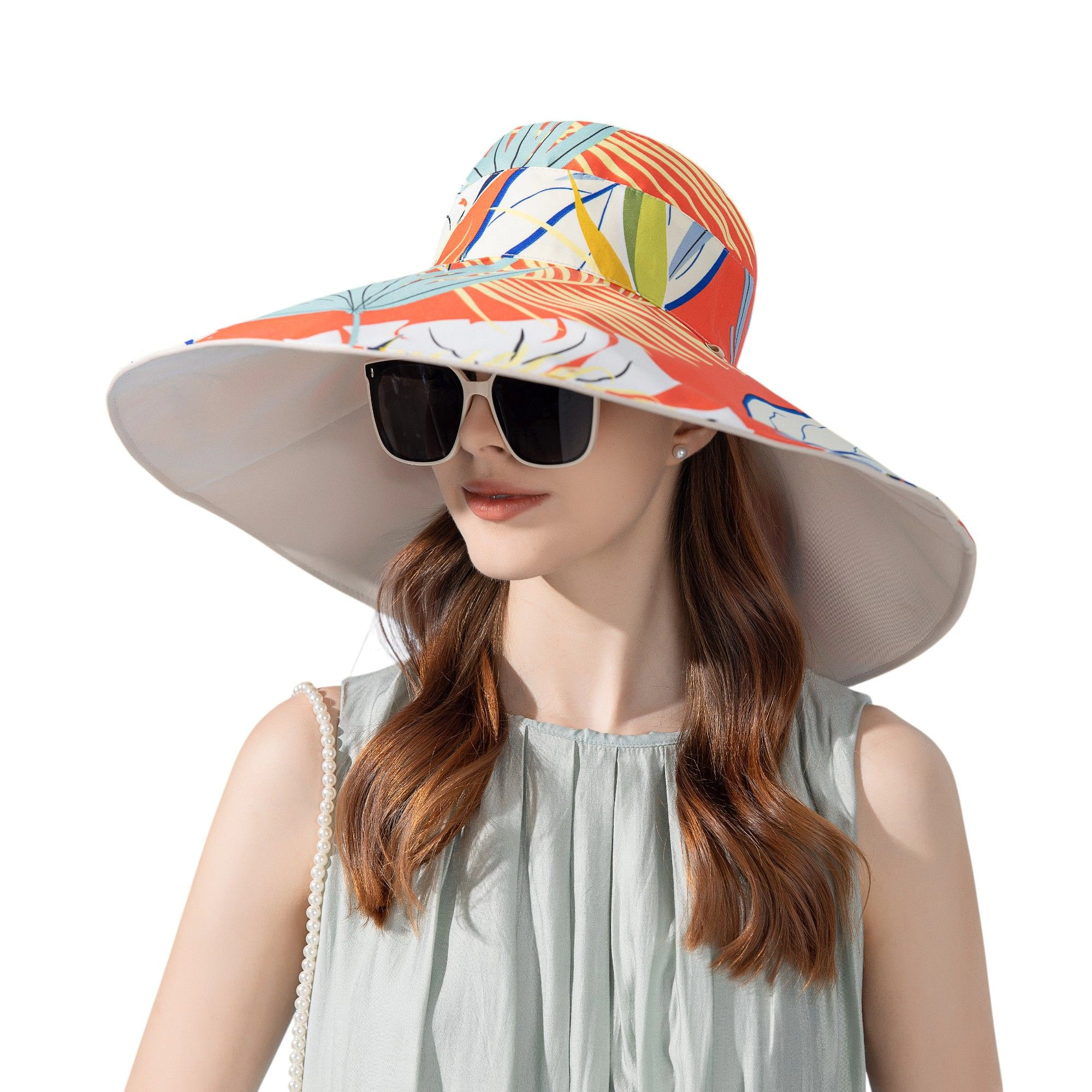 Anna-Kaci Women's Wide Brim Floppy Sun Hat with Colorful Printed Underside UV Protection Lightweight Foldable Design