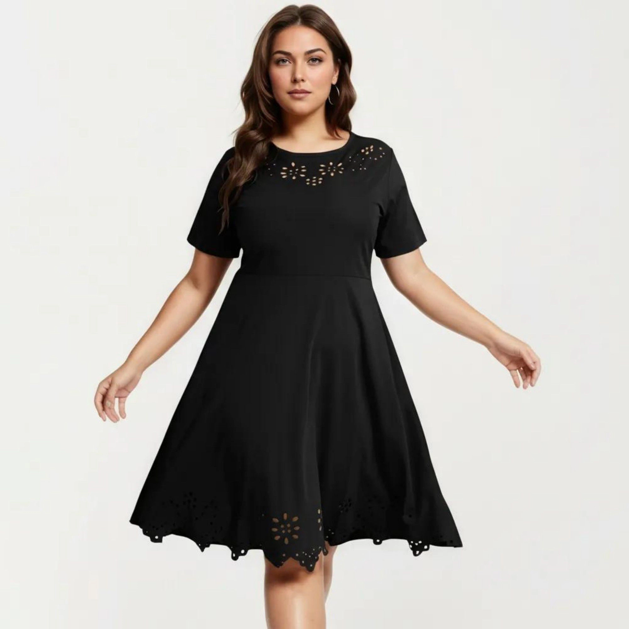 Anna-Kaci Women's Short Sleeve Laser Cut Detail Round Neck A Line Fit Flare Casual Midi Dress