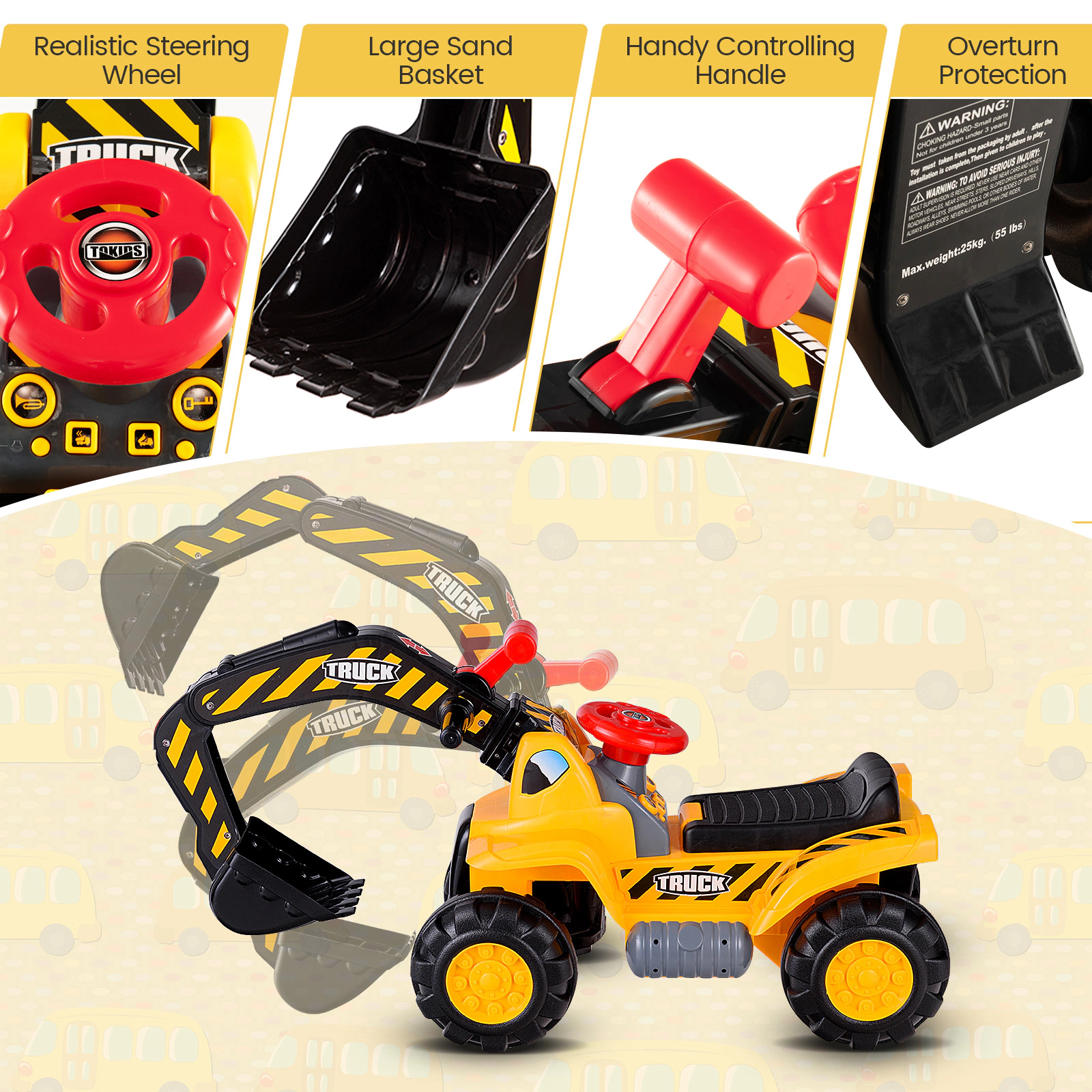 SUGIFT Ride On Push Car Bulldozer Digger Toy with Working Shovel Safety Helmet Ages 3 Years and Up Yellow