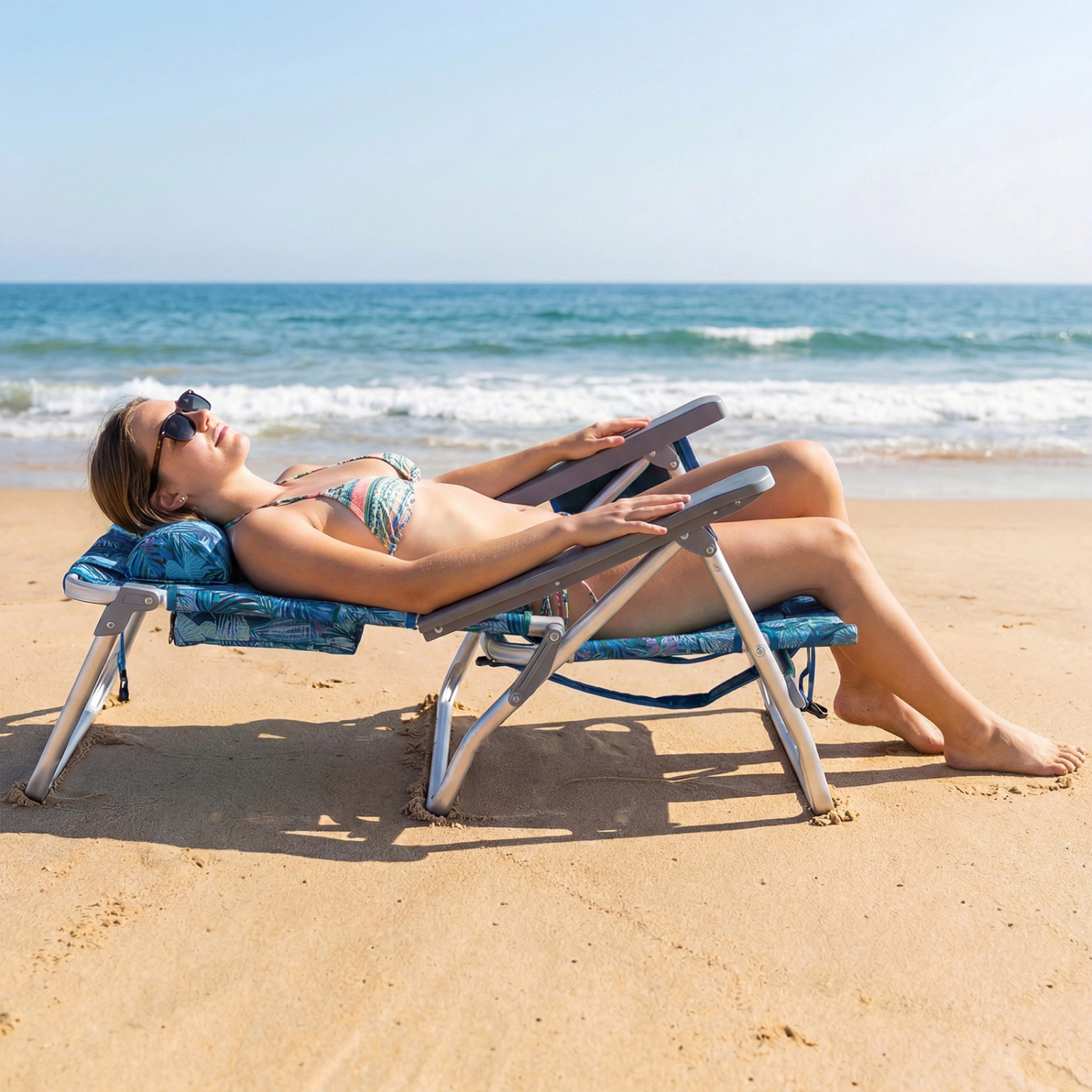 SUGIFT Portable Folding Backpack Beach Recliner Chair 330-lb Capacity 5-Position Backrest & Padded Headrest Peacock Blue