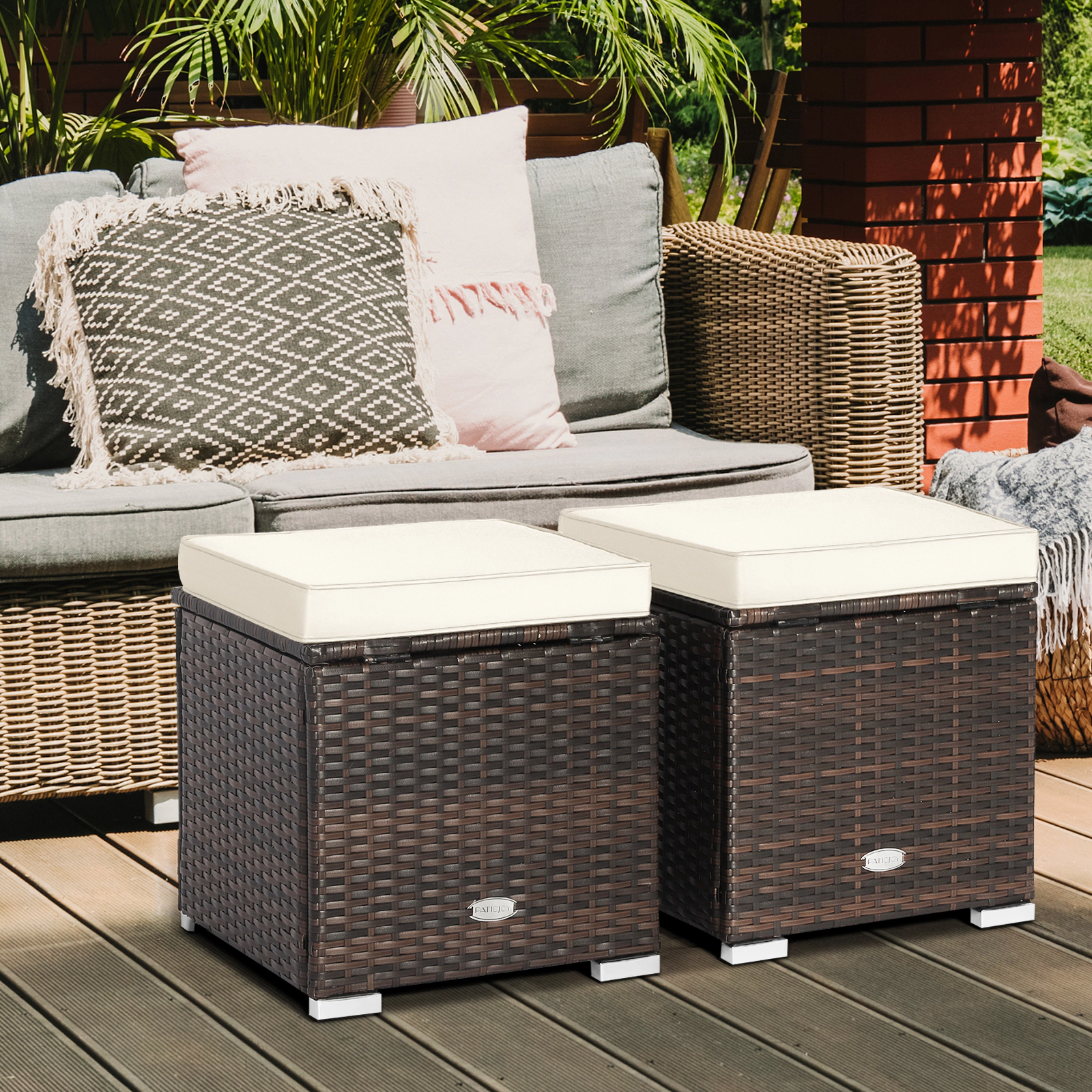 SUGIFT Patio Ottoman and Storage Seat with Removable Cushions 350-lb Top Capacity Mix Brown Rattan