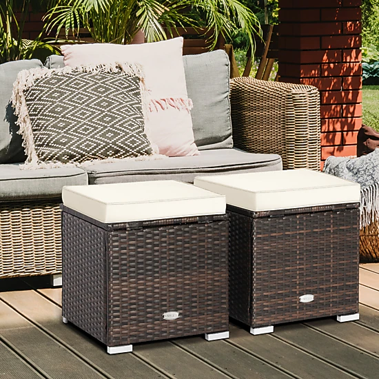 SUGIFT Patio Ottoman and Storage Seat with Removable Cushions 350-lb Top Capacity Mix Brown Rattan